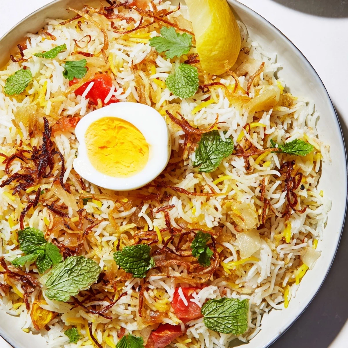 Golden tomato and ginger biryani with fluffy rice and halved eggs garnished with fresh herbs