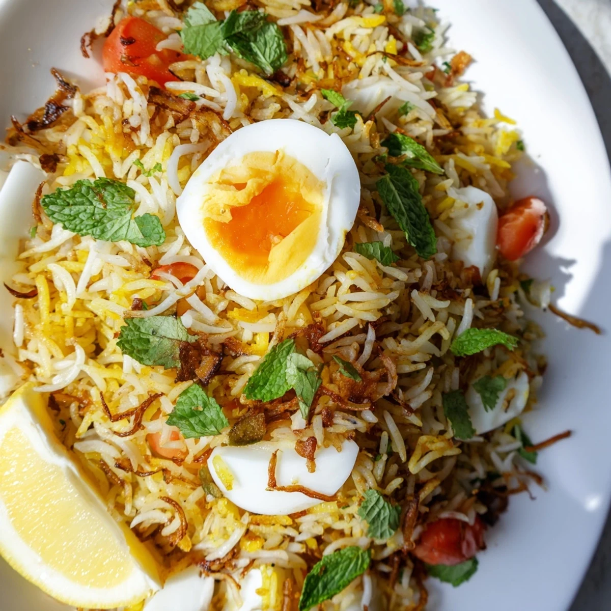 Fragrant Indian-style tomato and ginger biryani layered with spiced rice and perfectly cooked eggs