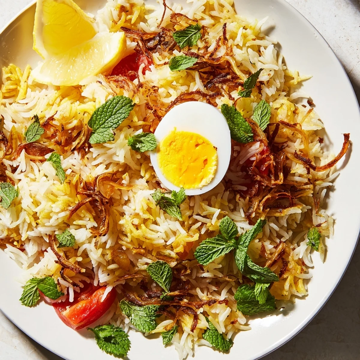 Steaming pot of tomato and ginger biryani featuring aromatic rice topped with hard-boiled eggs and cilantro