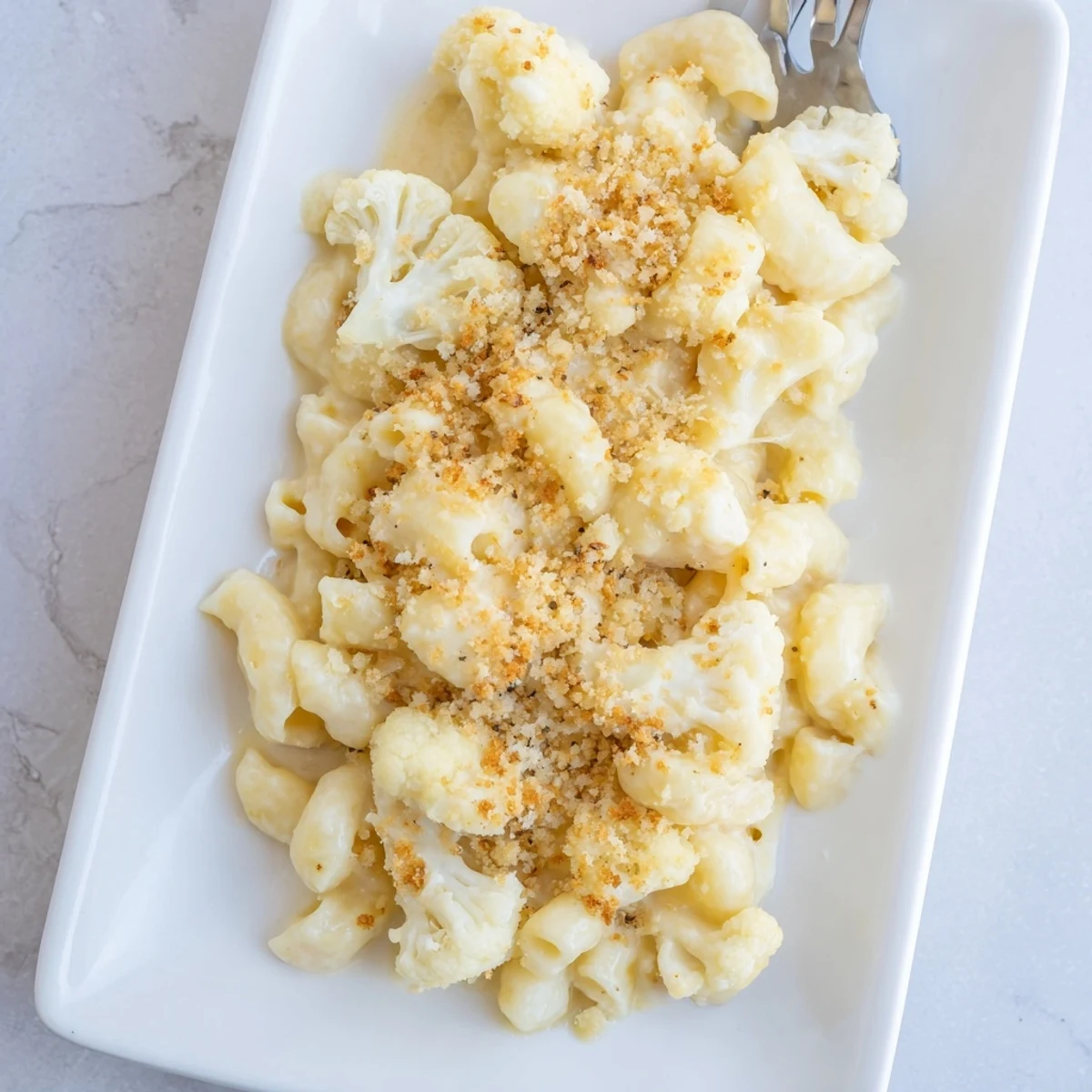 Golden baked cauliflower mac n cheese with bubbling cheddar sauce and crispy breadcrumb topping