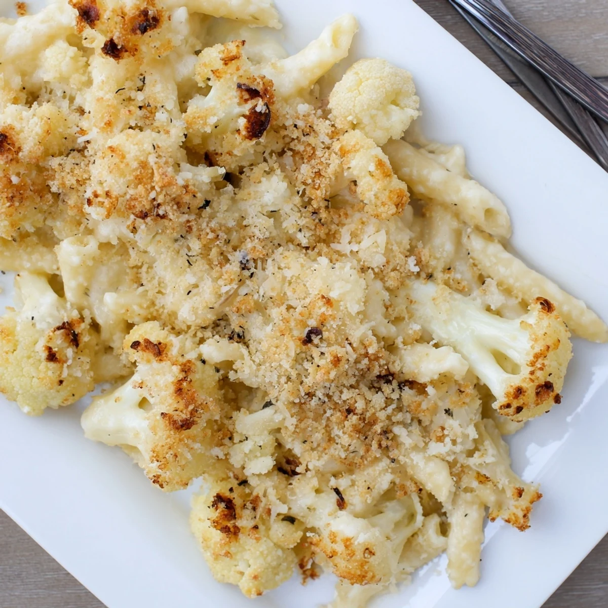 Creamy three-cheese cauliflower mac n cheese served in a white baking dish with fresh parsley
