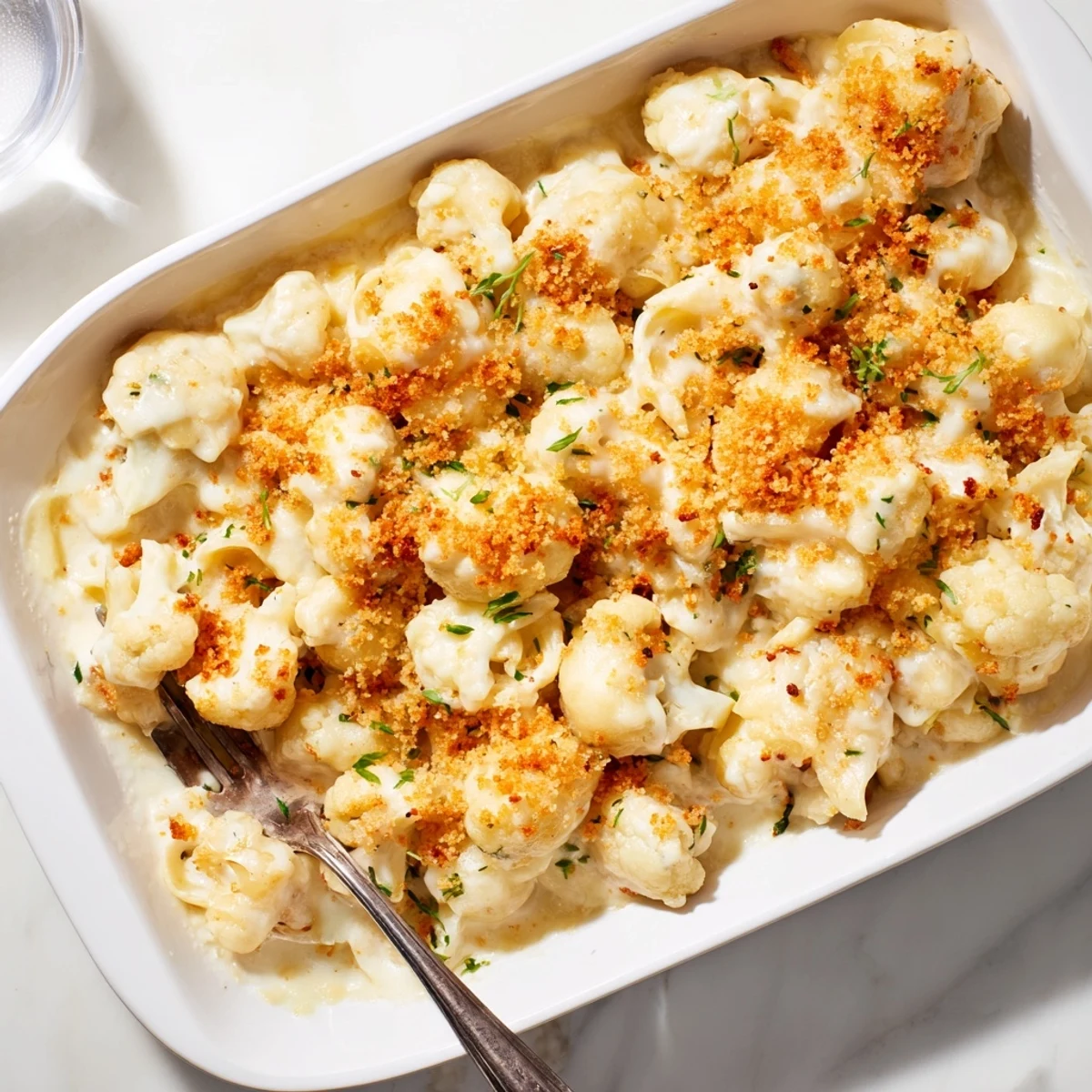 Vegetarian cauliflower mac n cheese casserole with tender pasta florets and melted cheesy goodness