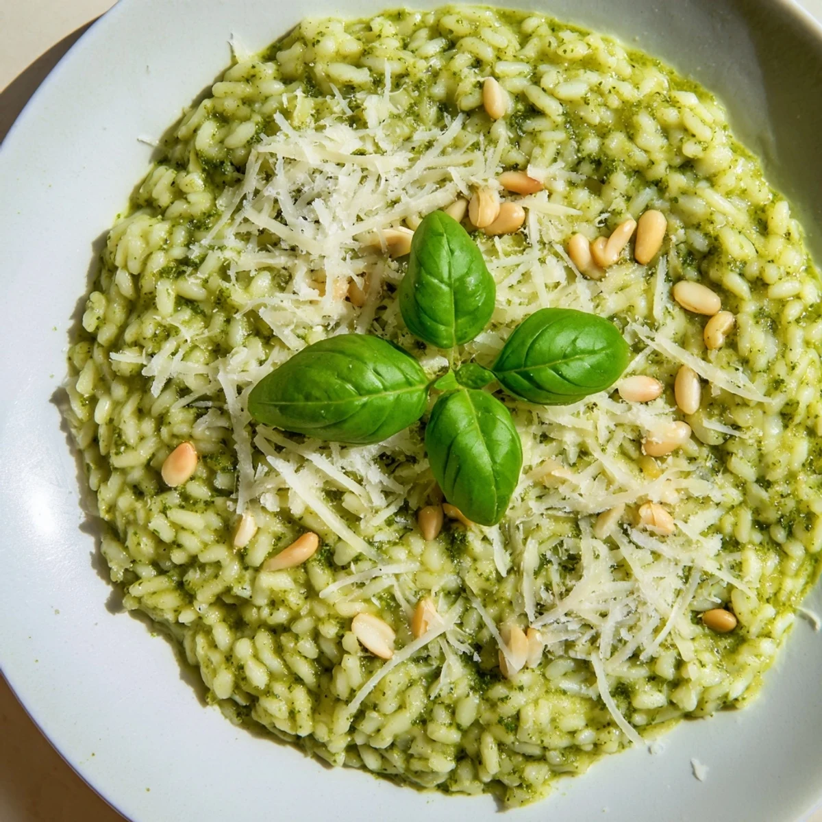 Creamy Parmesan pesto risotto served in a white bowl with fresh basil garnish