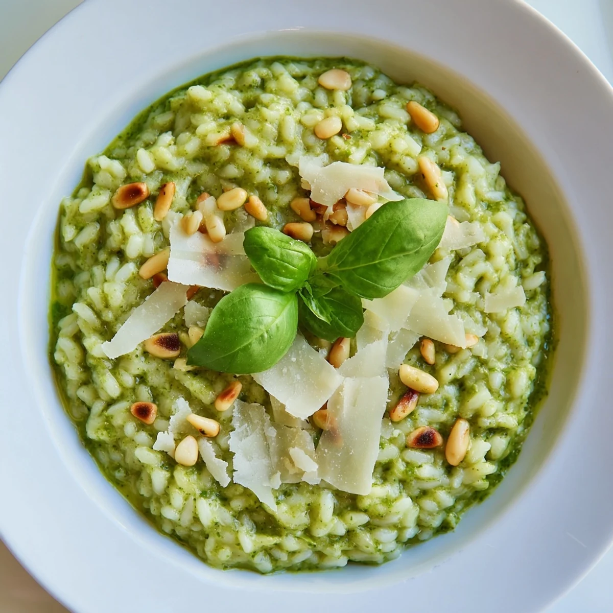 Spoonful of Parmesan pesto risotto with melted cheese and vibrant green swirls