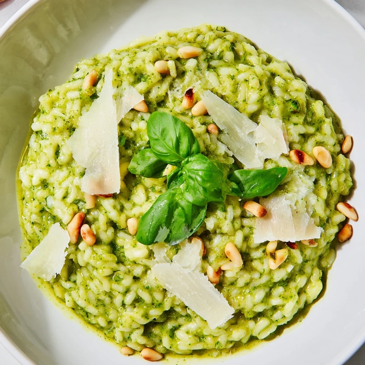 Close-up of Italian Parmesan pesto risotto sprinkled with grated cheese and pine nuts