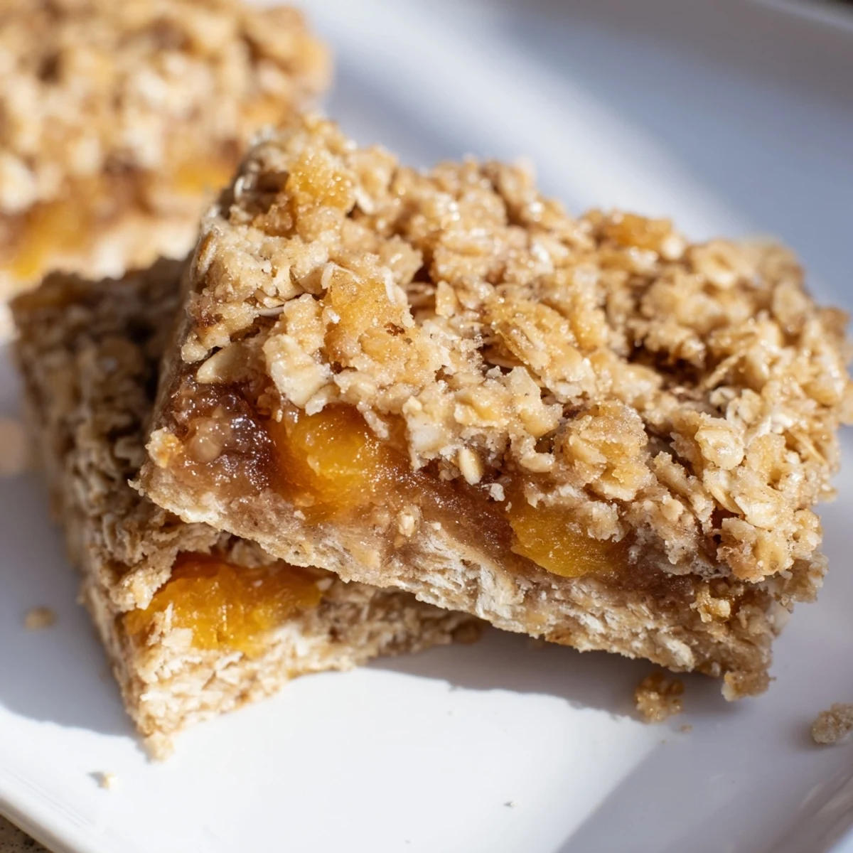 Golden gluten-free oatmeal apricot bars with chewy fruit filling and crumbly oat topping