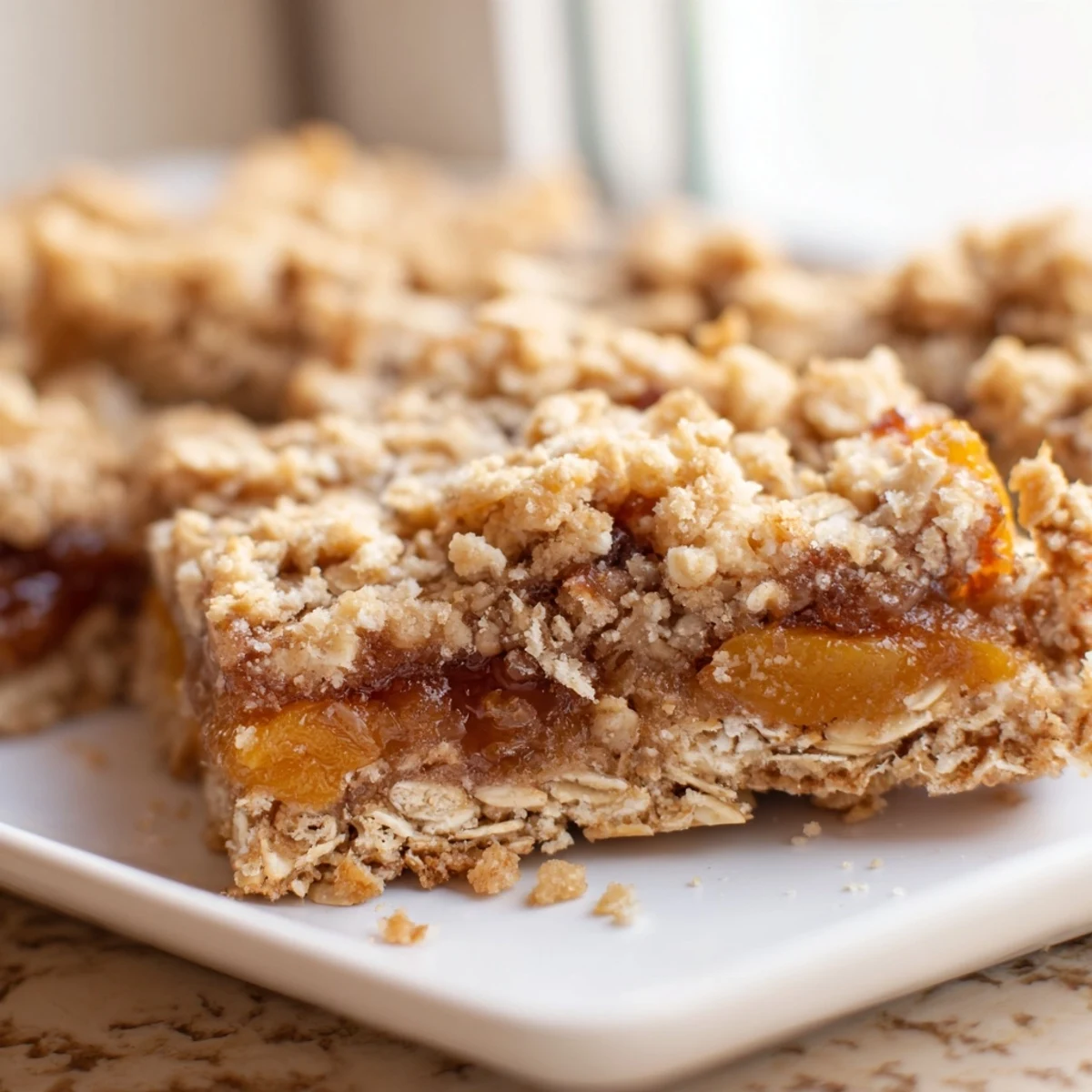 Homemade gluten-free oatmeal apricot bars sliced into squares on a wooden cutting board