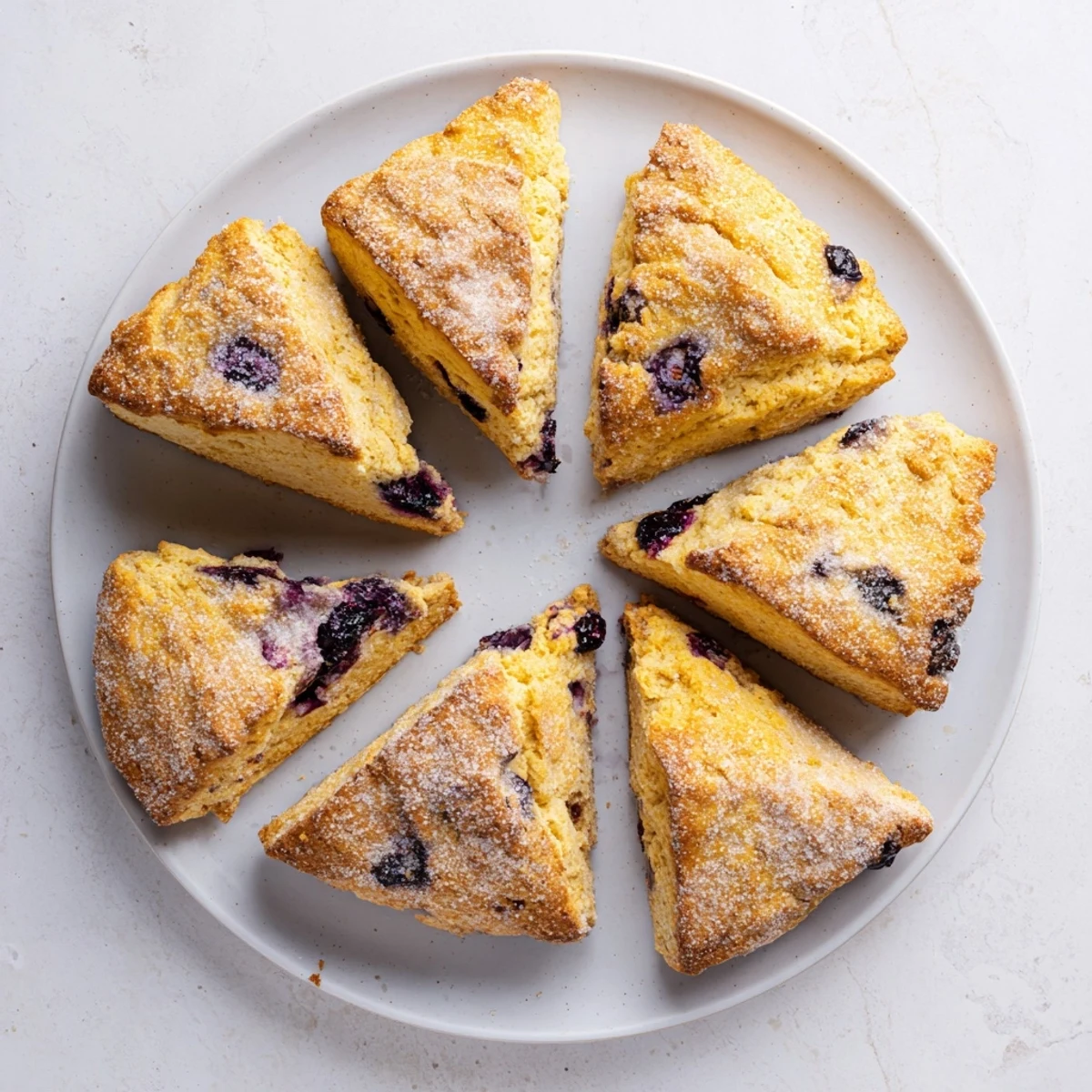Golden Vietnamese cinnamon blueberry scones topped with coarse sugar on a white plate