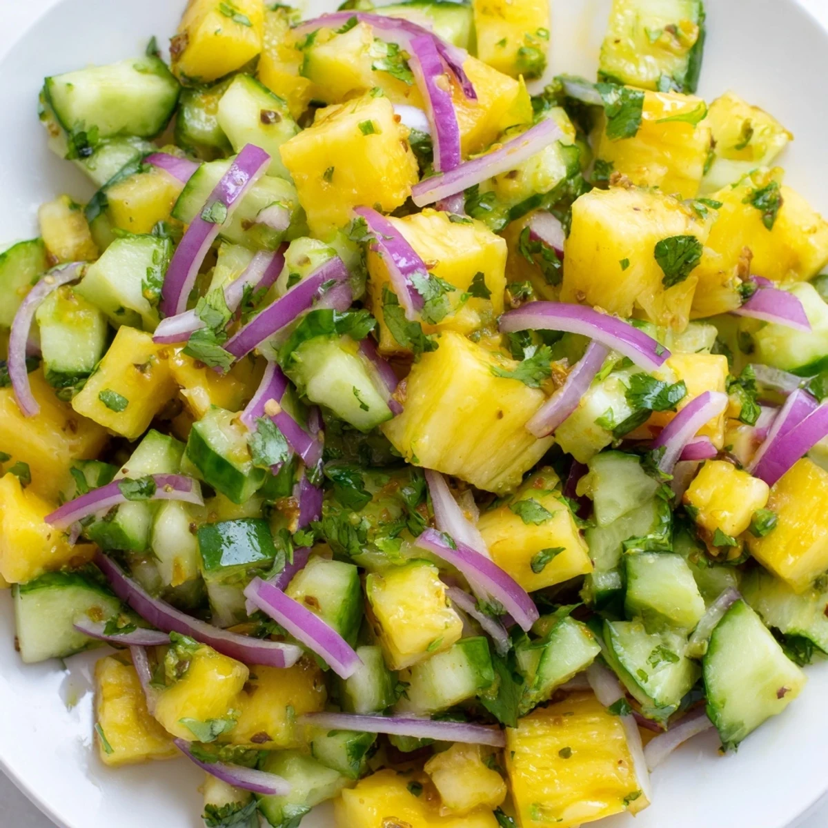 Fresh pineapple cucumber salad bowl with bright lime dressing and green cilantro garnish