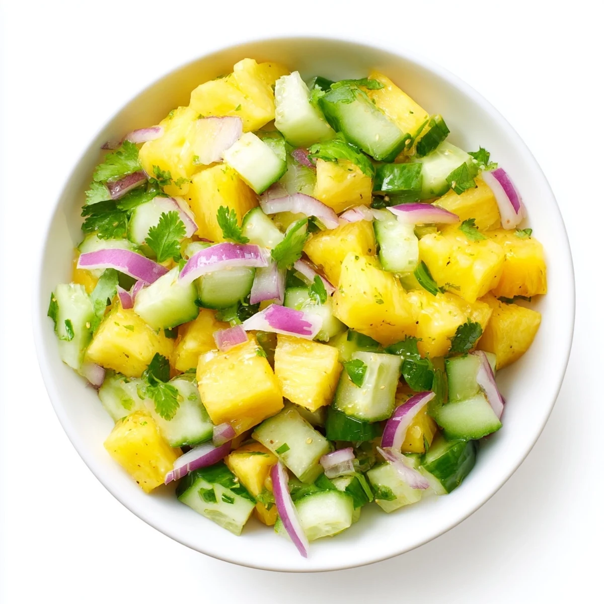 Colorful pineapple cucumber salad plated with zesty lime vinaigrette and diced red onion