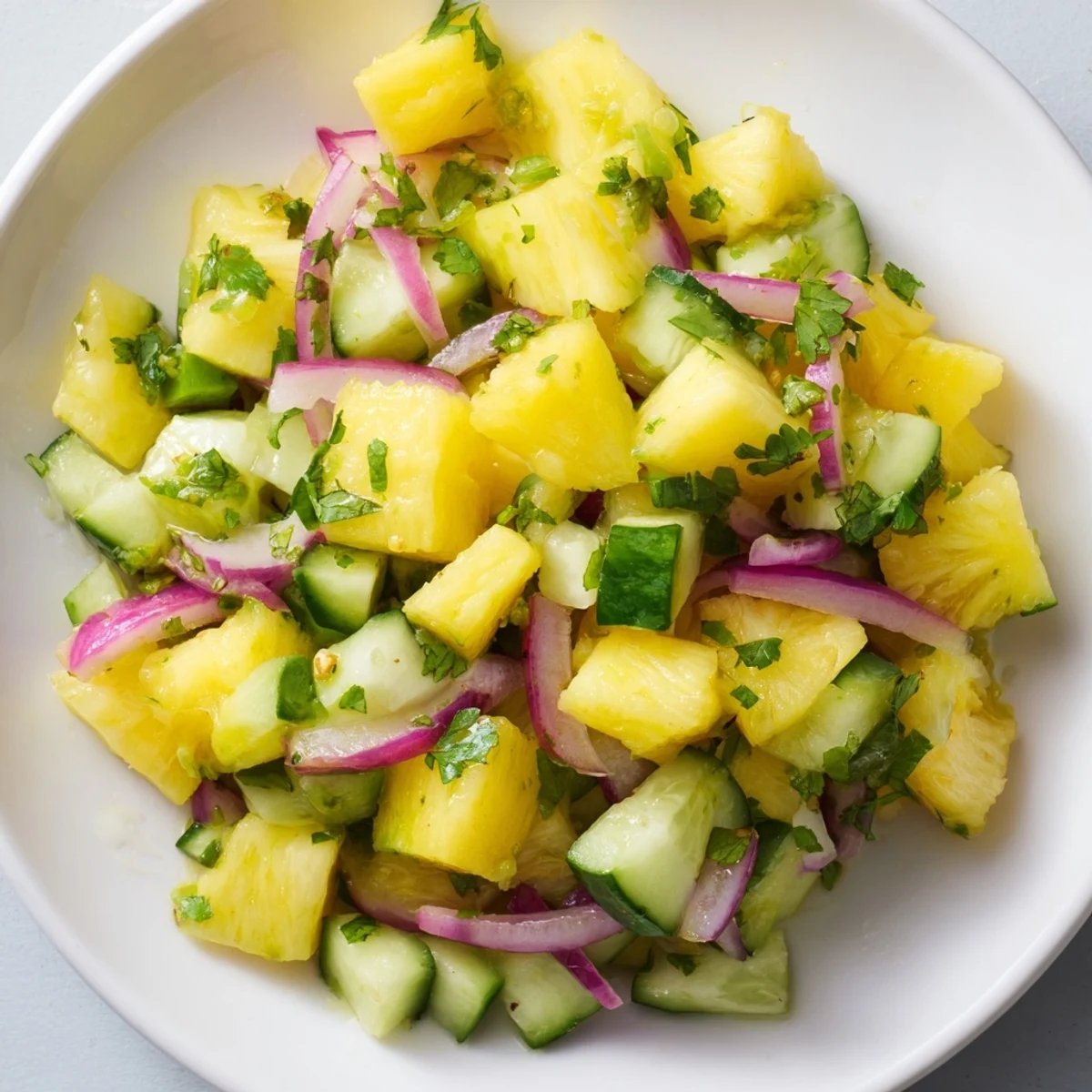 Refreshing pineapple cucumber salad in white bowl with crisp vegetables and lime zest