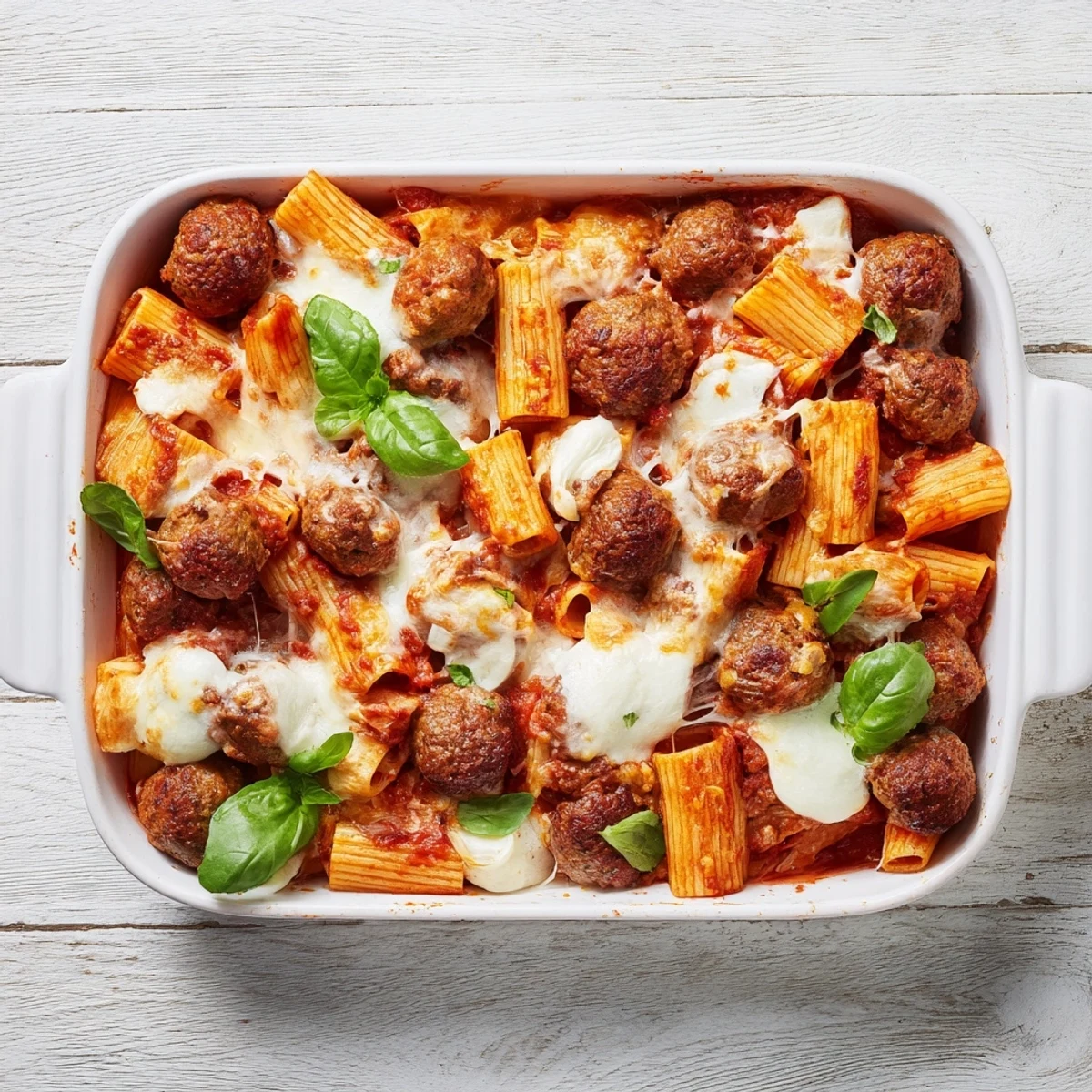 Golden melted mozzarella blankets tender Italian meatballs and pasta in this bubbling tomato bake