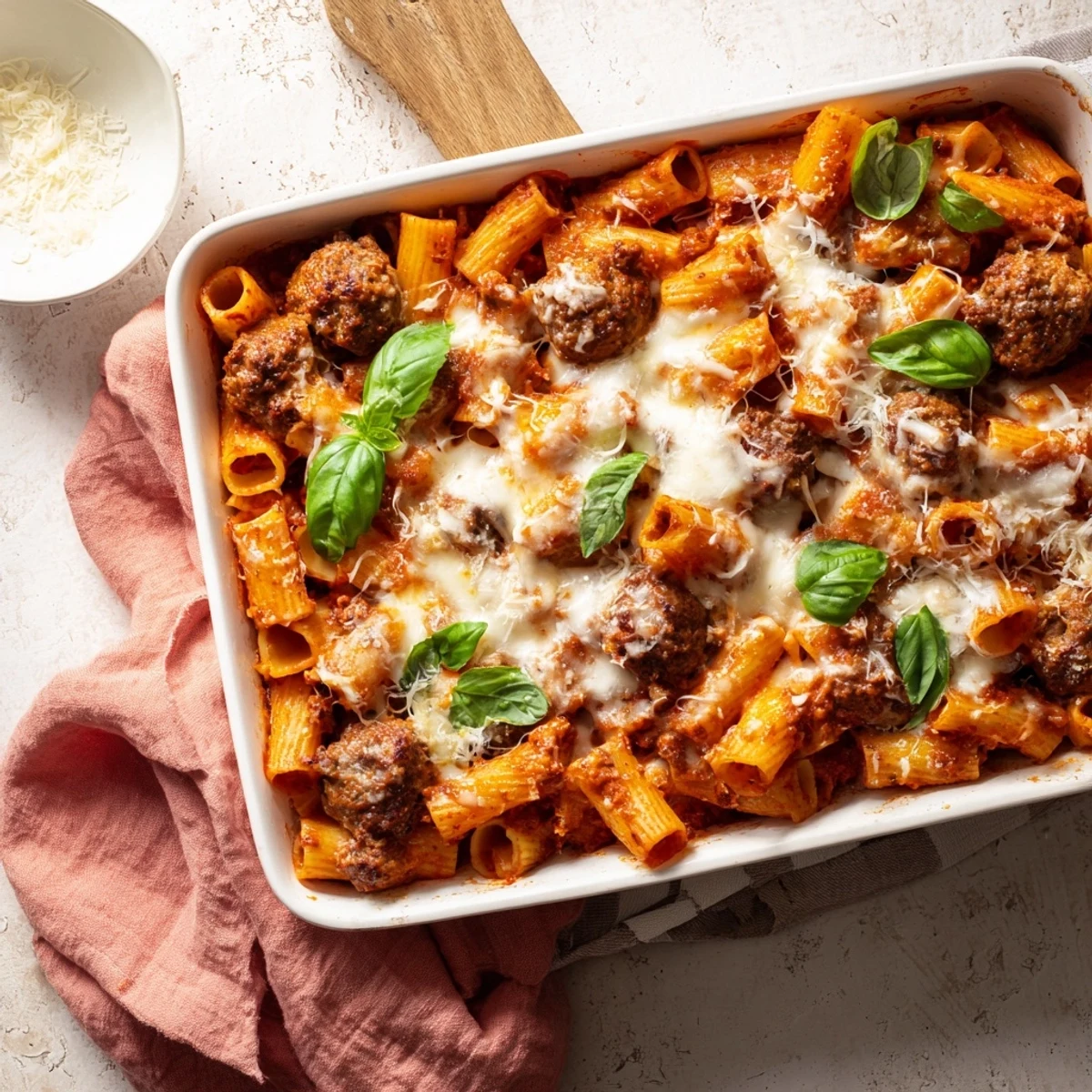 Hearty Italian meatball pasta bake fresh from the oven with crispy cheese topping