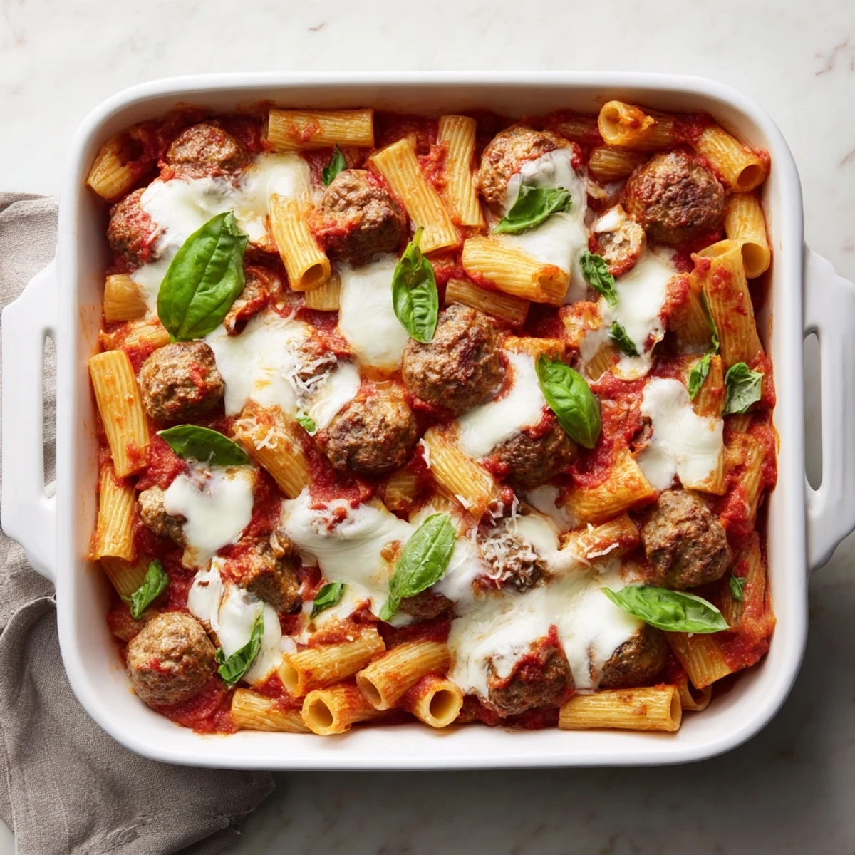Al dente pasta nestled with juicy meatballs under a layer of melted mozzarella cheese
