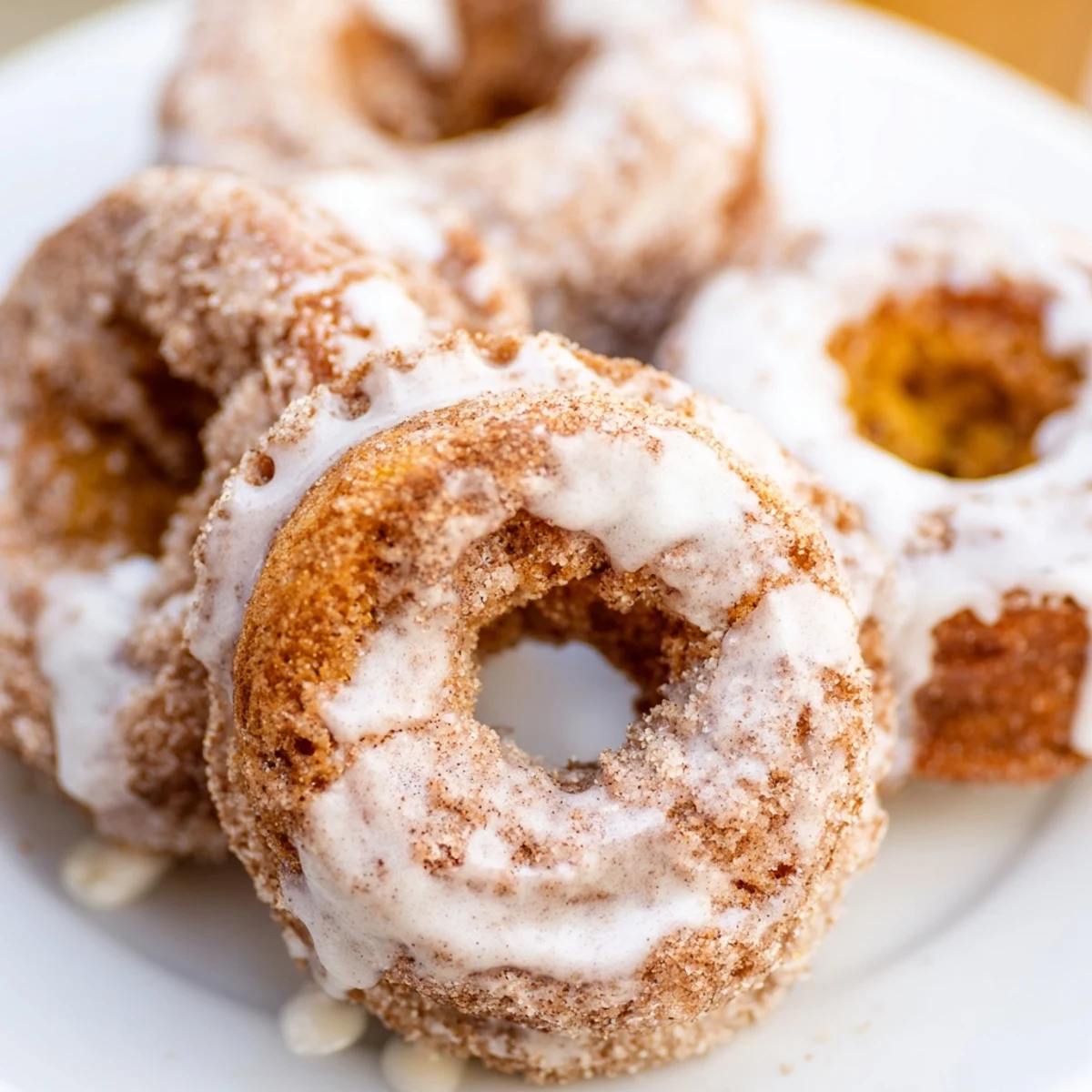 Golden pumpkin spice biscuit donuts with cinnamon sugar coating and sweet vanilla glaze