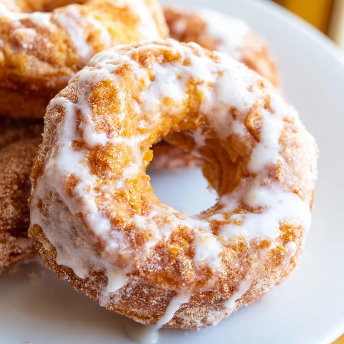 Glazed pumpkin spice donuts made from biscuit dough sprinkled with cinnamon sugar