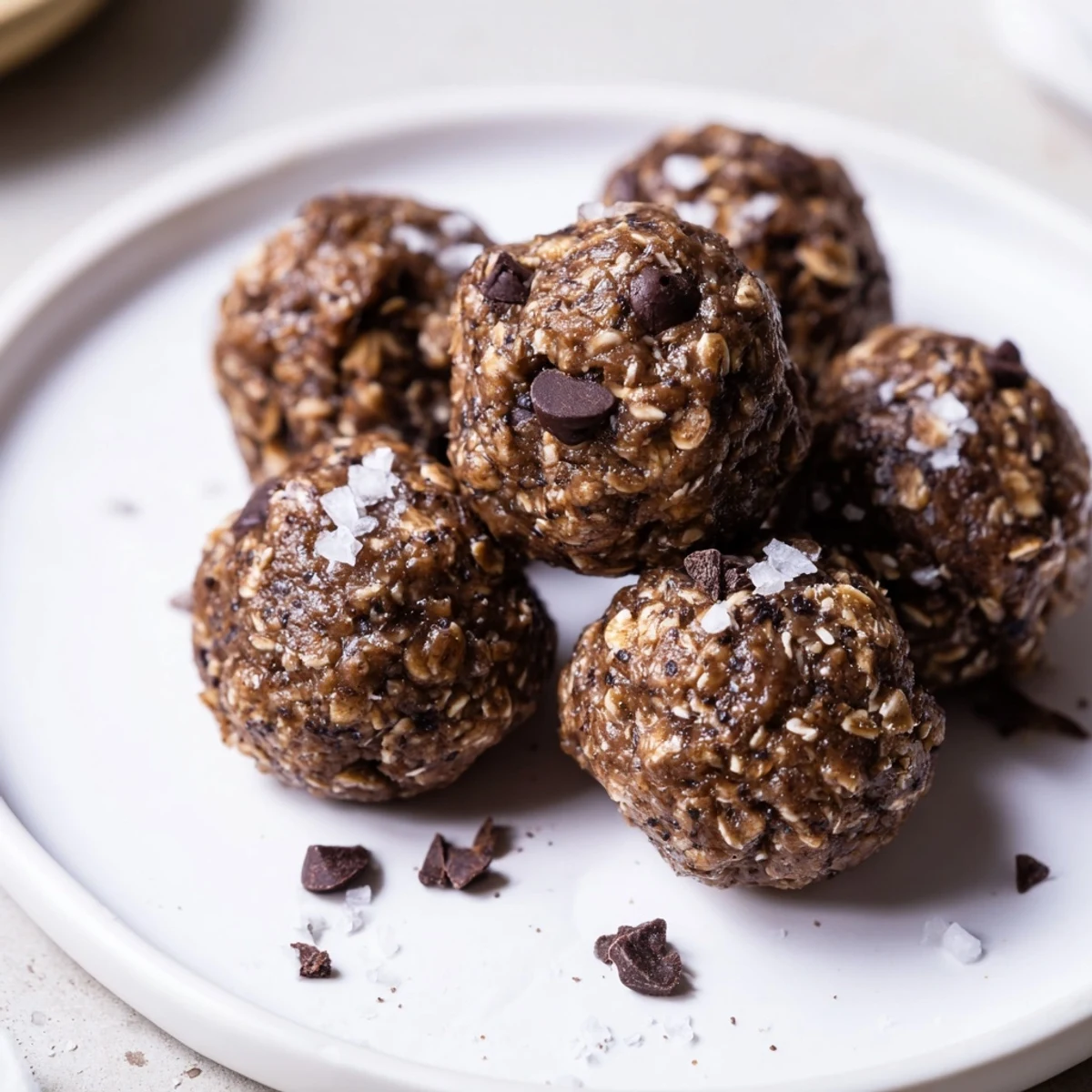 Bite-sized no bake chocolate peanut butter protein balls rolled with mini chocolate chips on a white plate