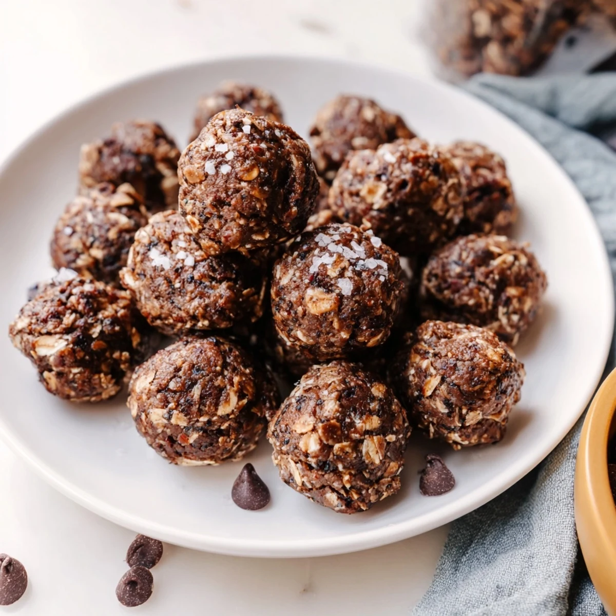Rich and fudgy no bake chocolate peanut butter protein balls topped with chocolate chips, a healthy protein snack