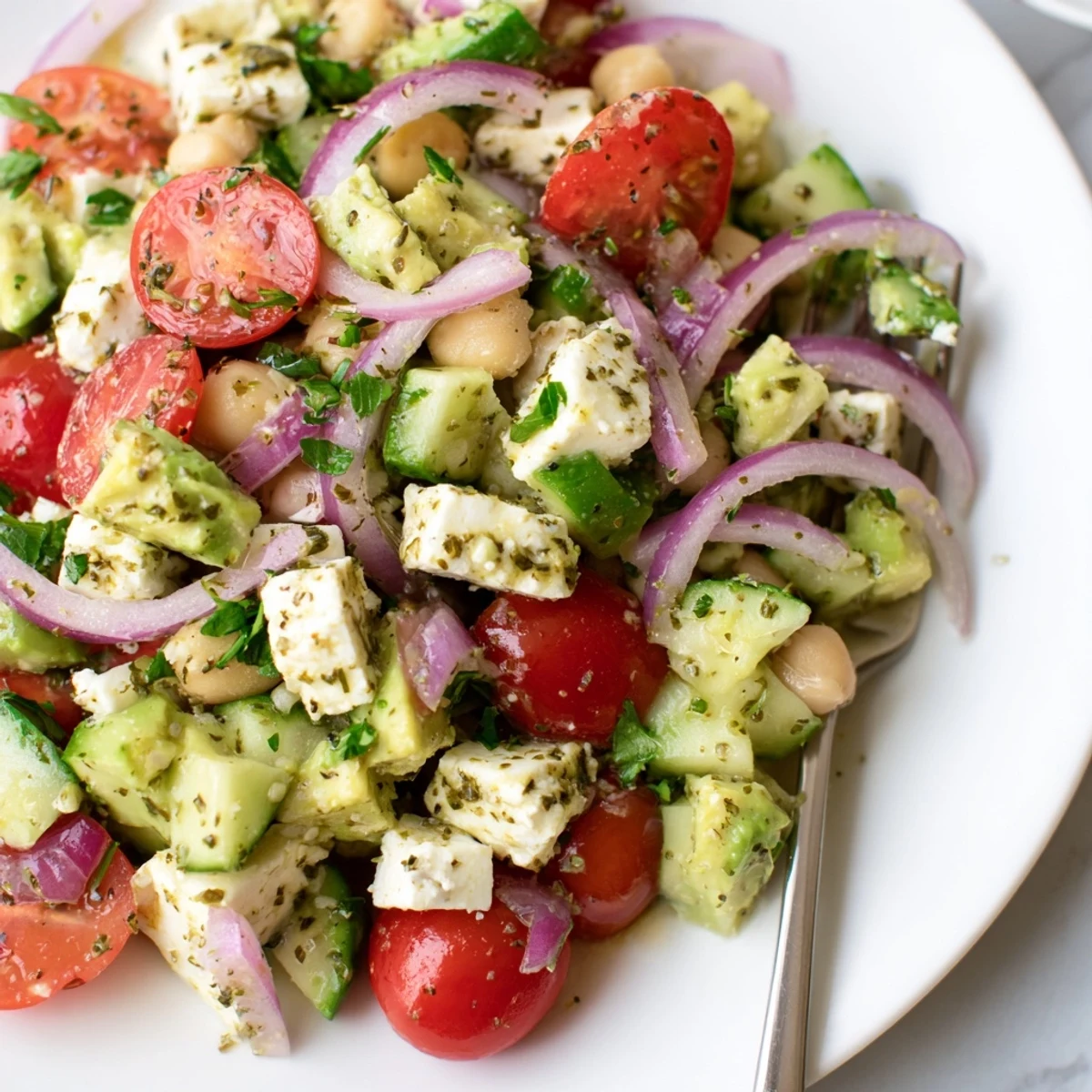 Colorful Chickpea Feta Avocado Salad bowl with fresh vegetables and zesty lemon dressing drizzled on top