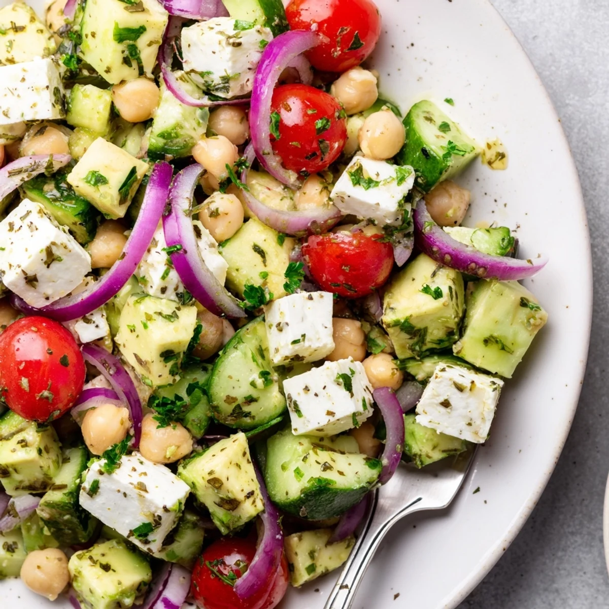 Mediterranean-style Chickpea Feta Avocado Salad featuring creamy avocado cubes, tangy feta crumbles, and crisp cherry tomatoes