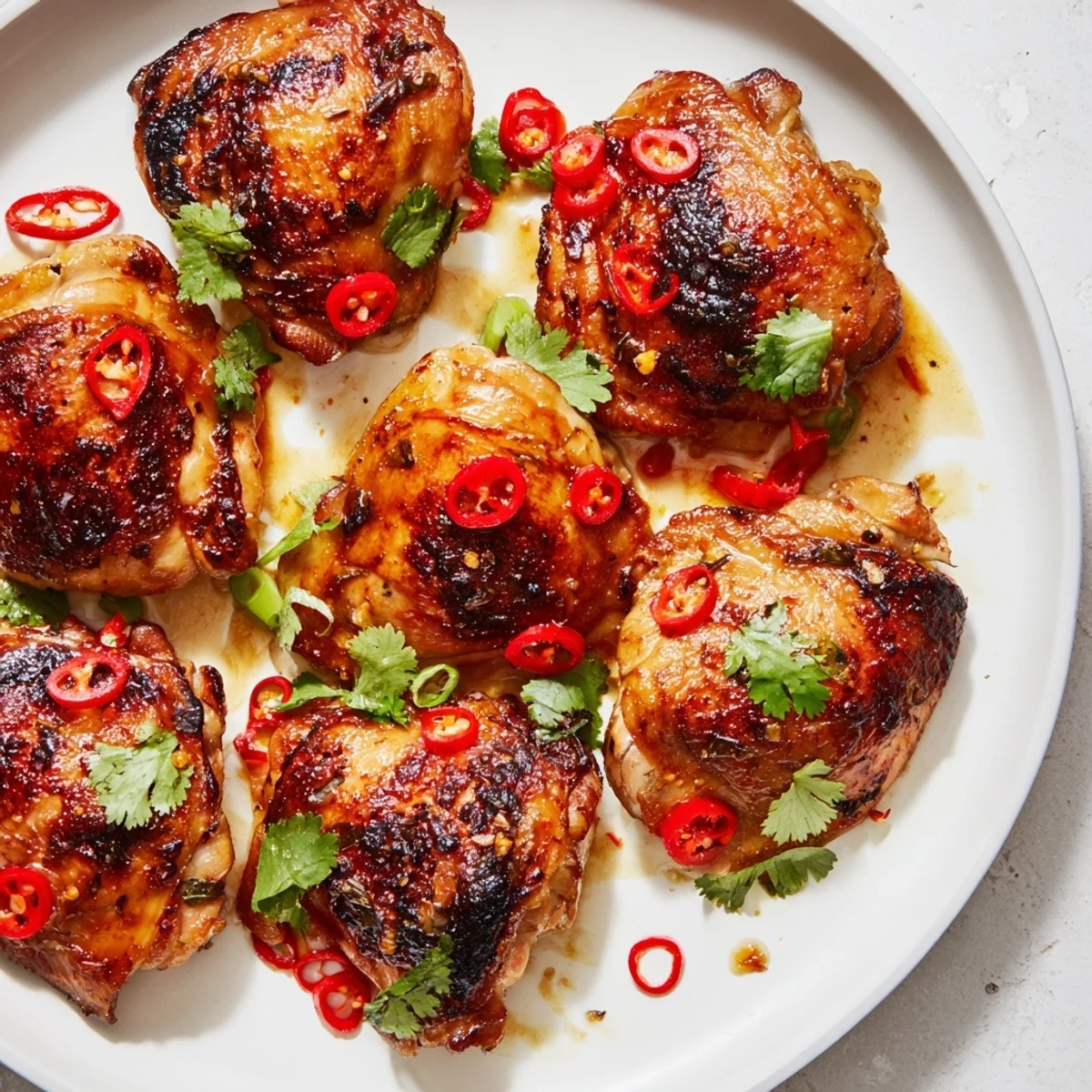 Golden seared Vietnamese lemongrass chicken pieces garnished with fresh cilantro and sliced scallions