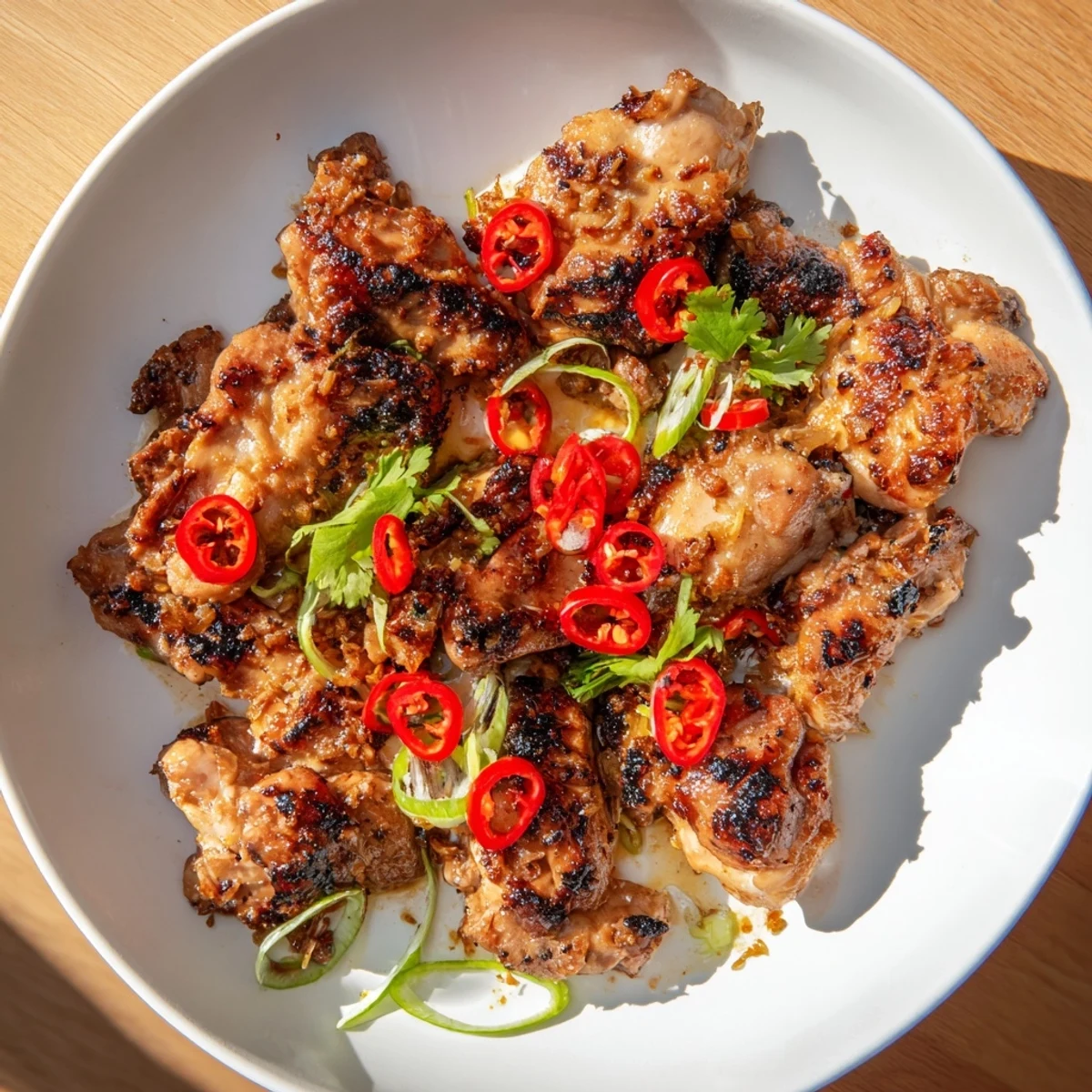 Pan-seared chicken thighs coated in aromatic lemongrass marinade served over fluffy white jasmine rice