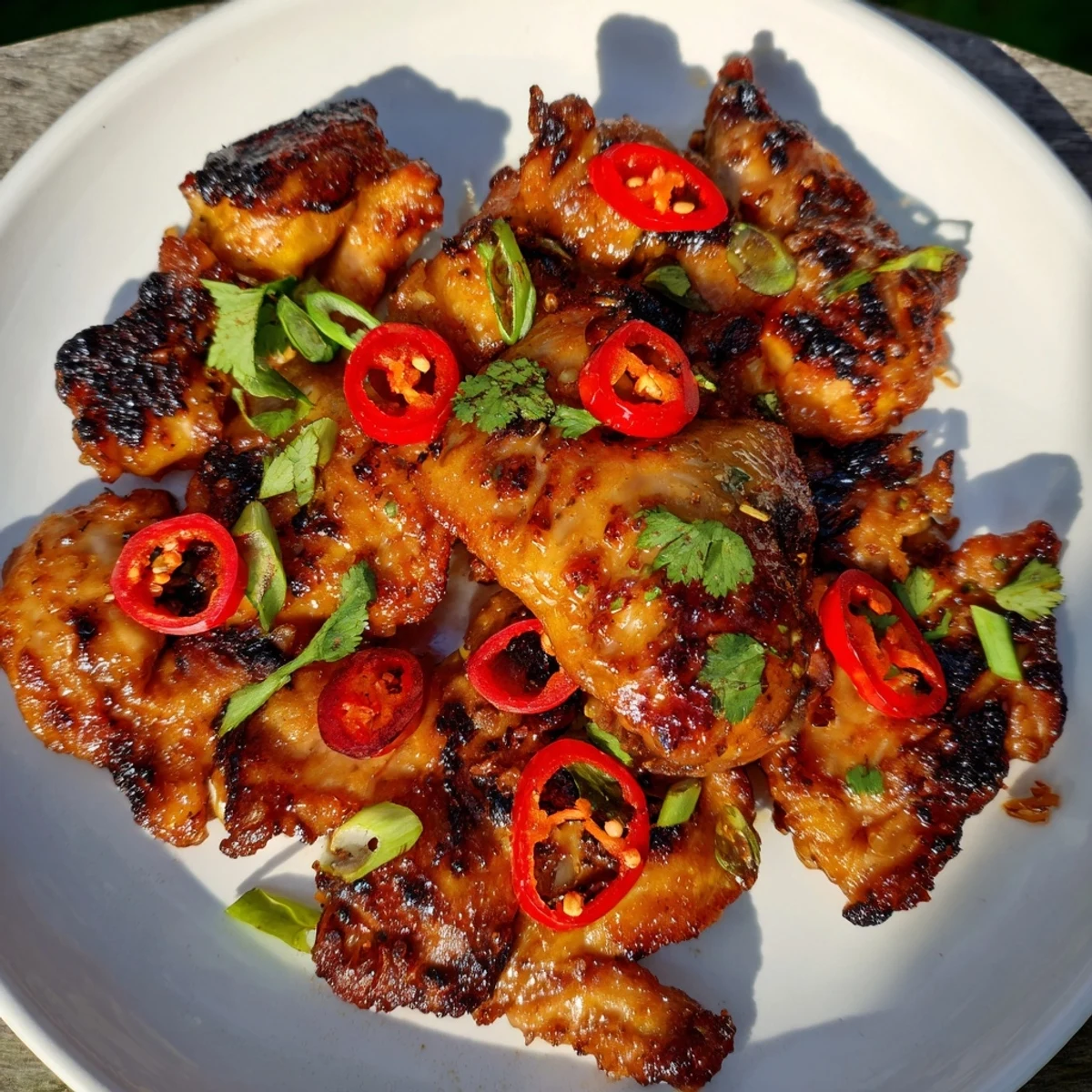 Savory Vietnamese lemongrass chicken with red chili slices and fresh herbs on a white plate