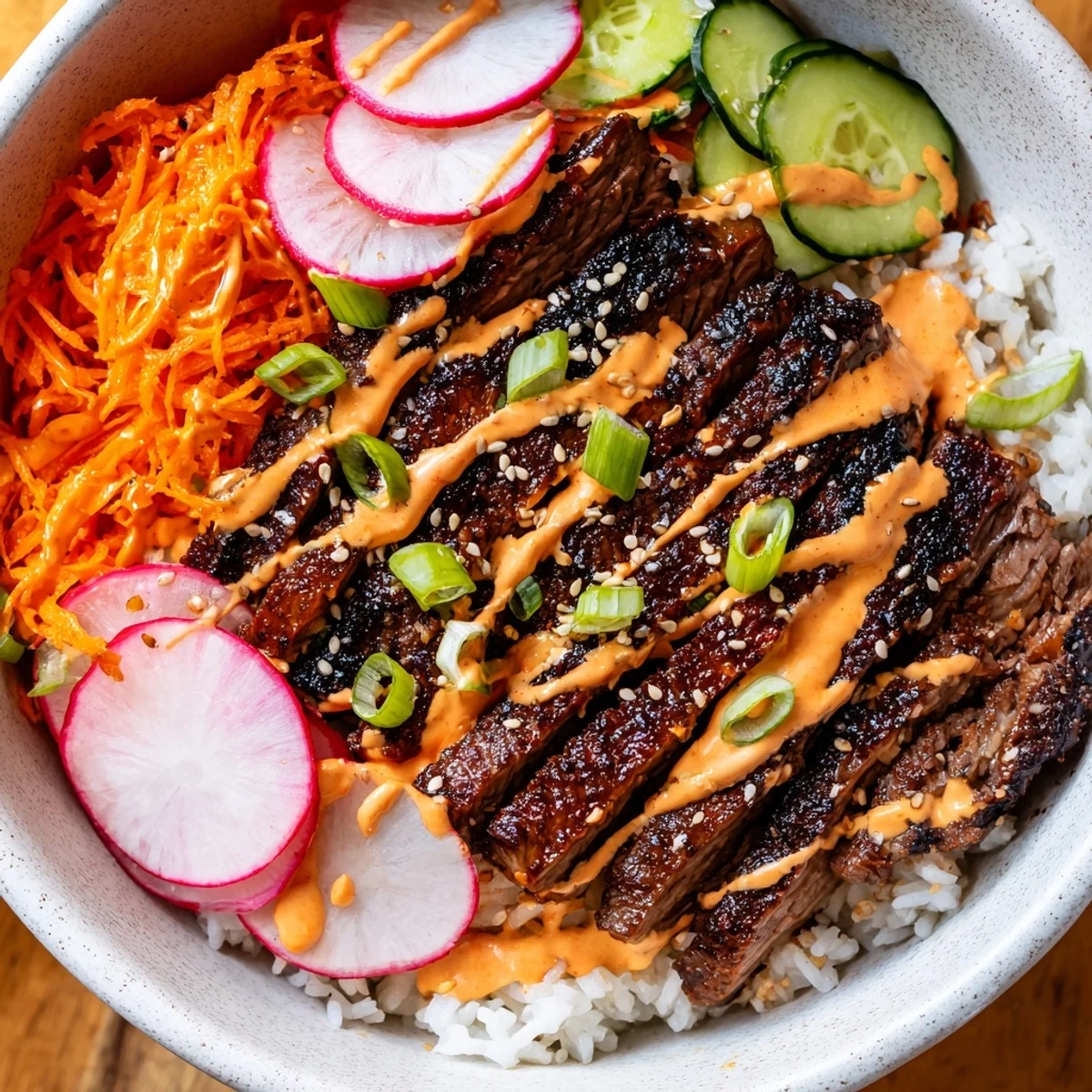 Golden Korean BBQ steak slices over fluffy rice topped with fresh crisp vegetables and drizzled with spicy cream sauce