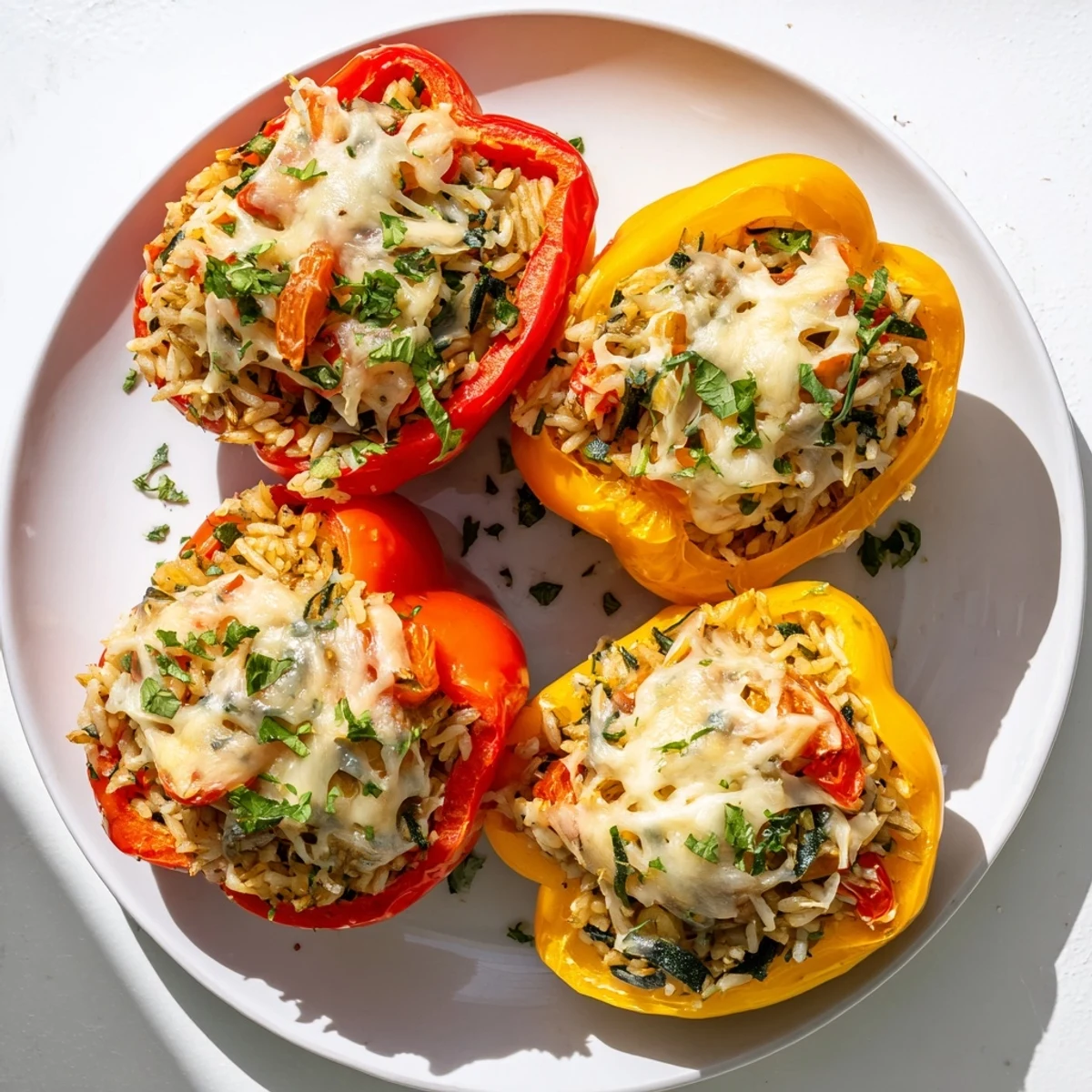 Golden baked vegetarian stuffed bell peppers filled with savory rice, melted cheese, and colorful vegetables
