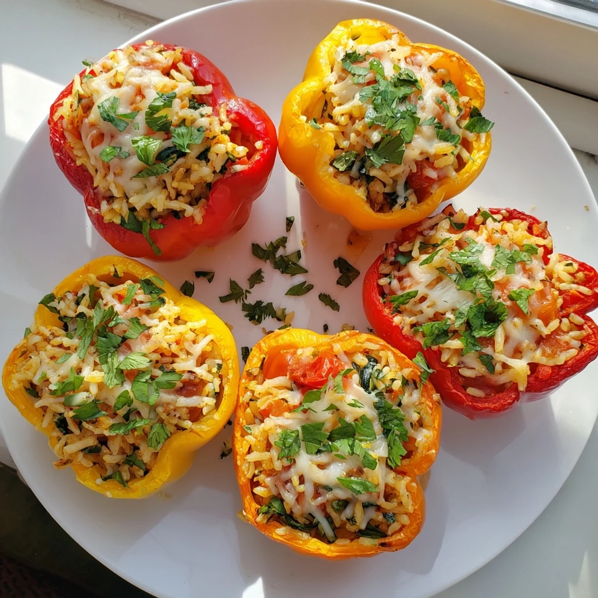 Tender roasted bell peppers overflowing with a cheesy rice and vegetable medley on a white plate