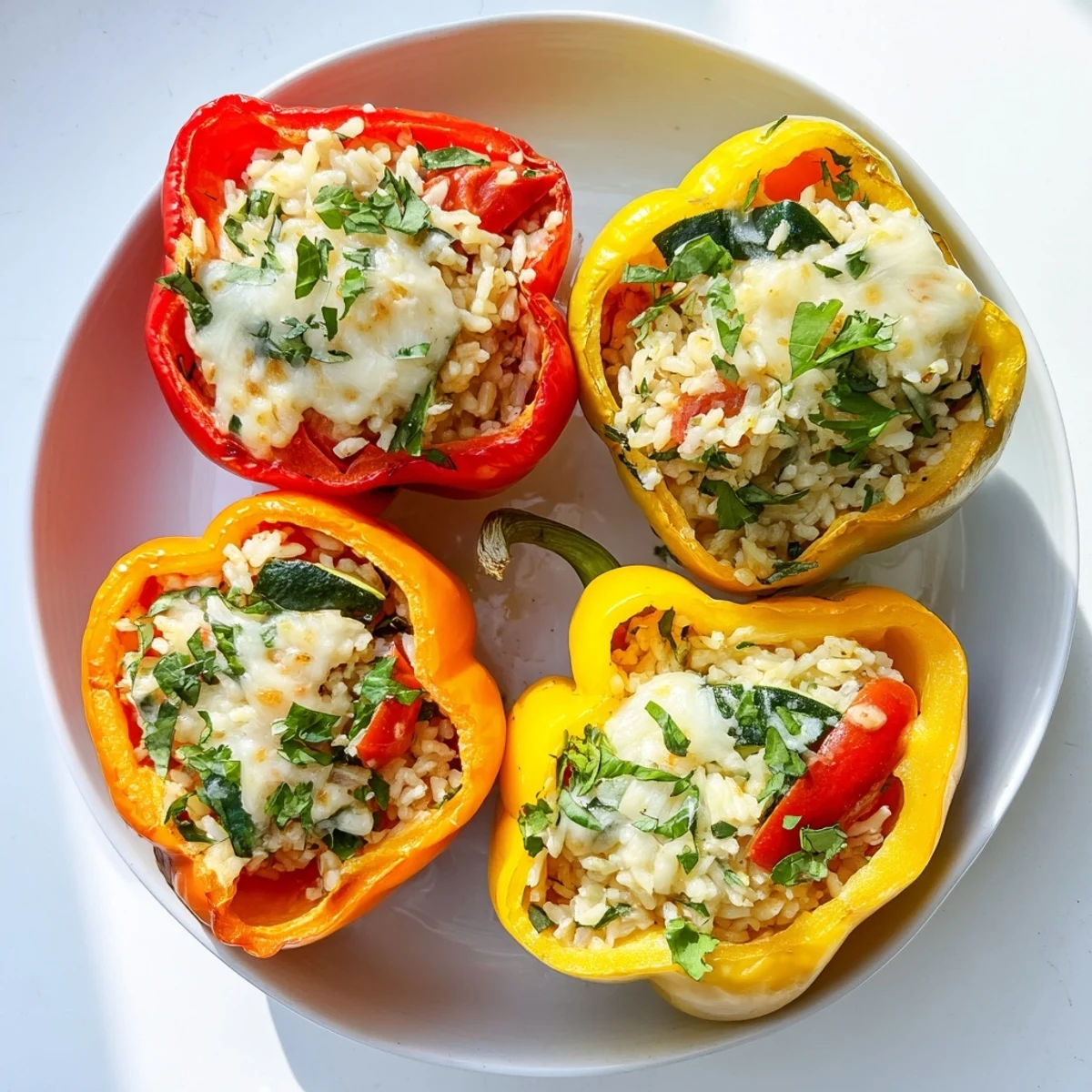 Vibrant Mediterranean-style vegetarian stuffed bell peppers with melted mozzarella garnished with fresh parsley