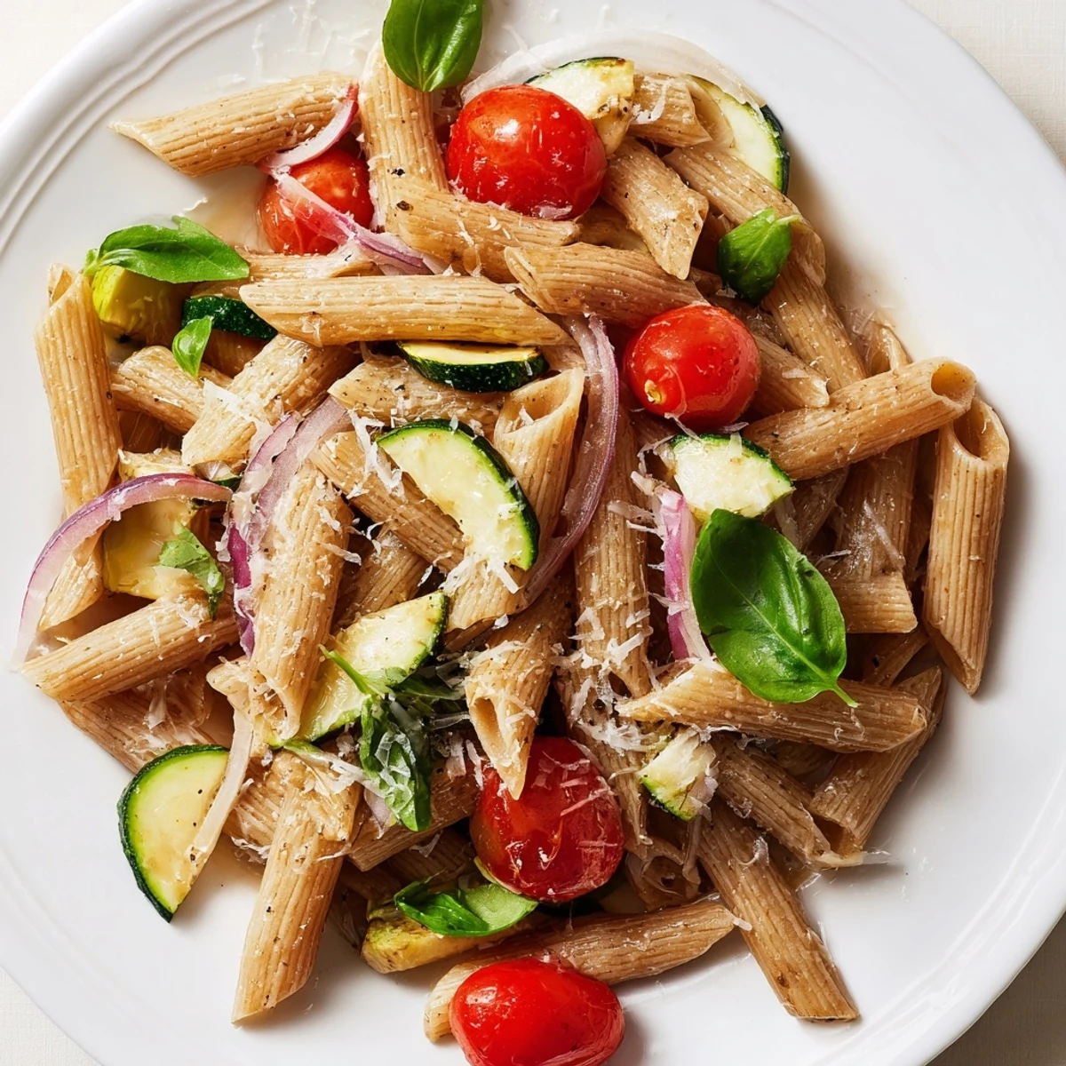 Golden whole wheat pasta tossed with tender zucchini, burst cherry tomatoes, and fresh basil in a light olive oil sauce