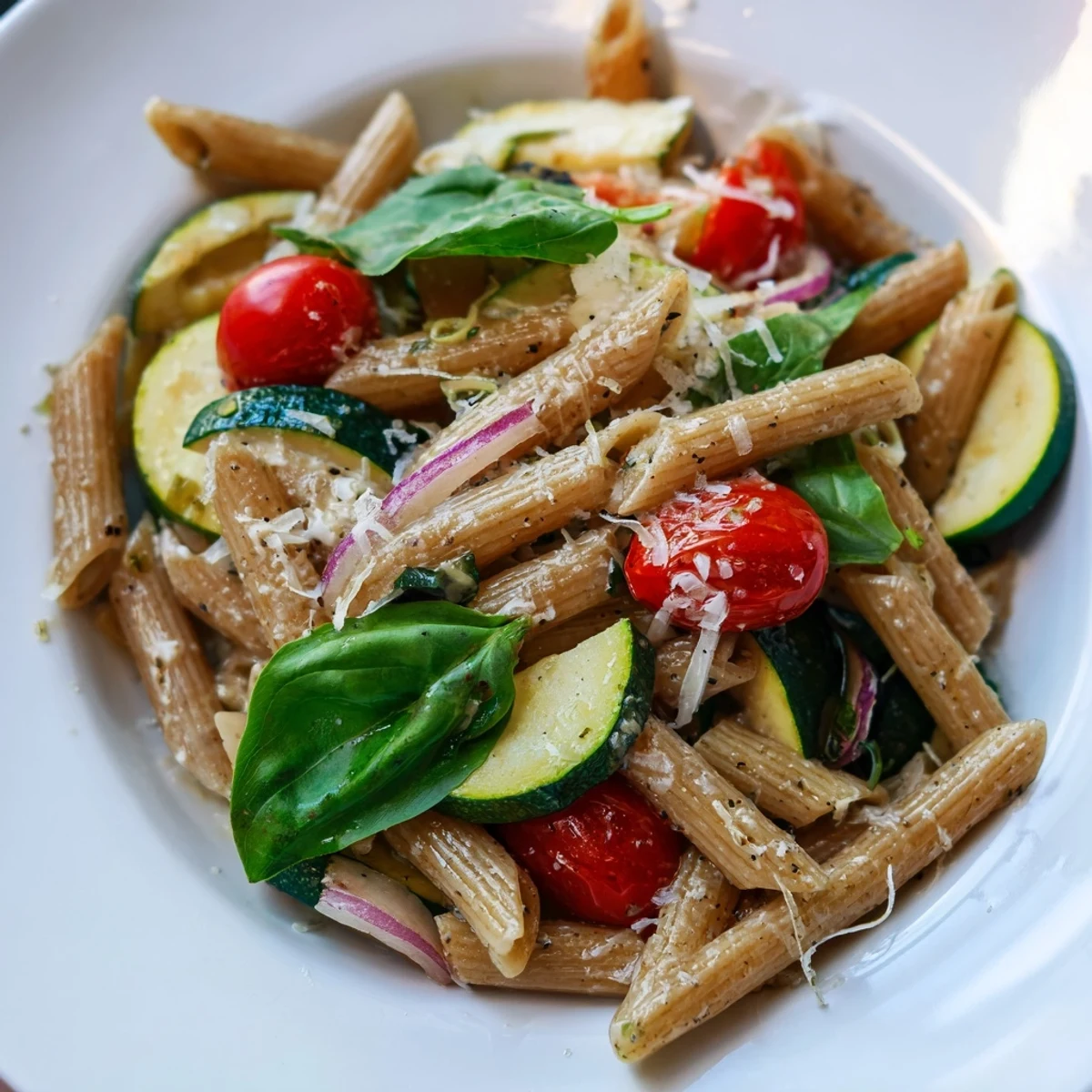 Bowl of healthy tomato zucchini pasta featuring vibrant vegetables, al dente noodles, and grated Parmesan cheese garnish