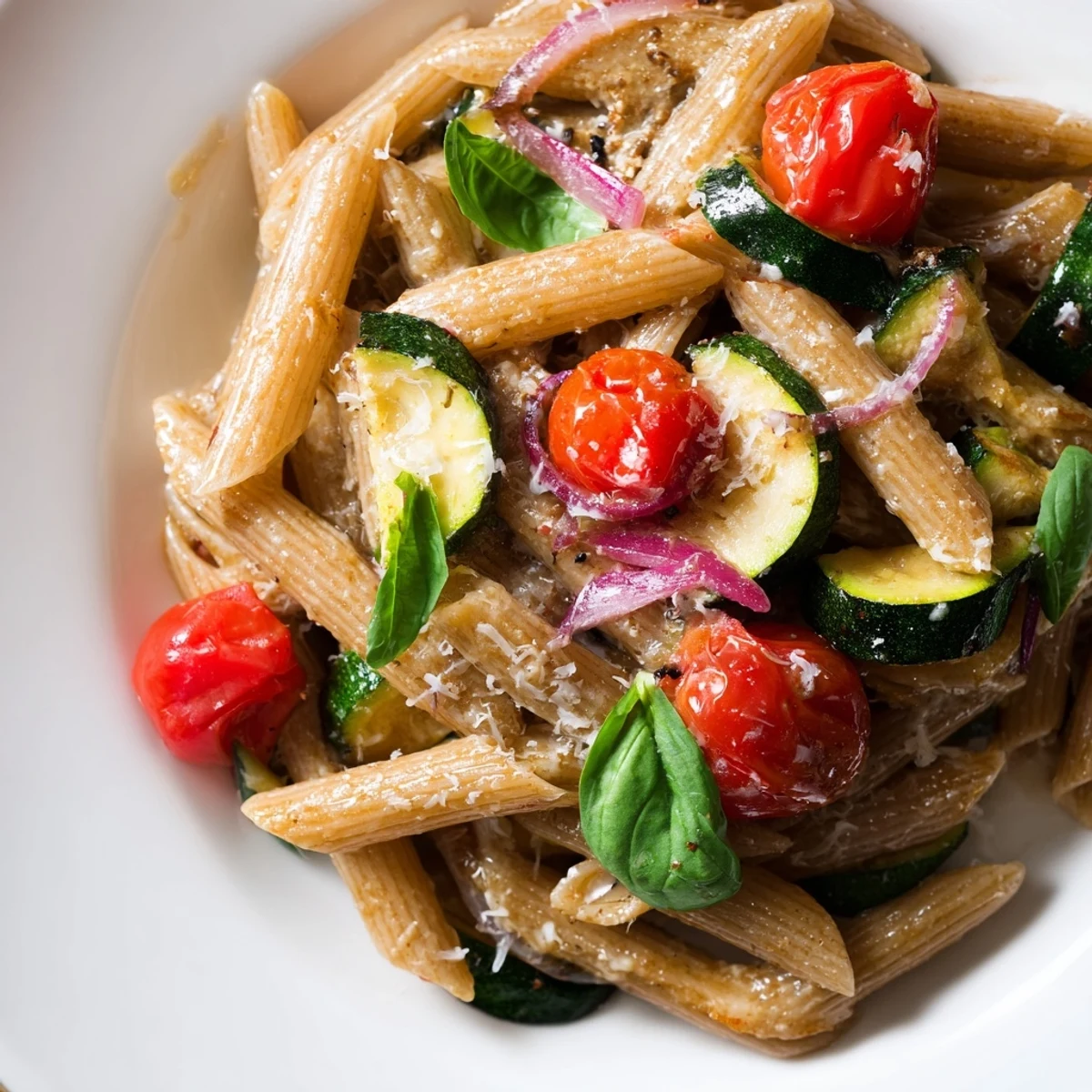 Close up of Italian style pasta with sautéed zucchini, juicy tomatoes, and aromatic herbs on a white plate