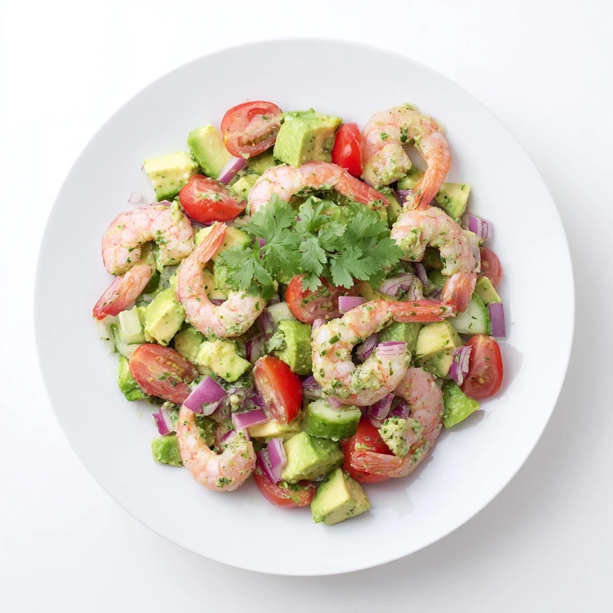 Fresh healthy shrimp avocado salad bowl with colorful vegetables and zesty lime dressing drizzled on top