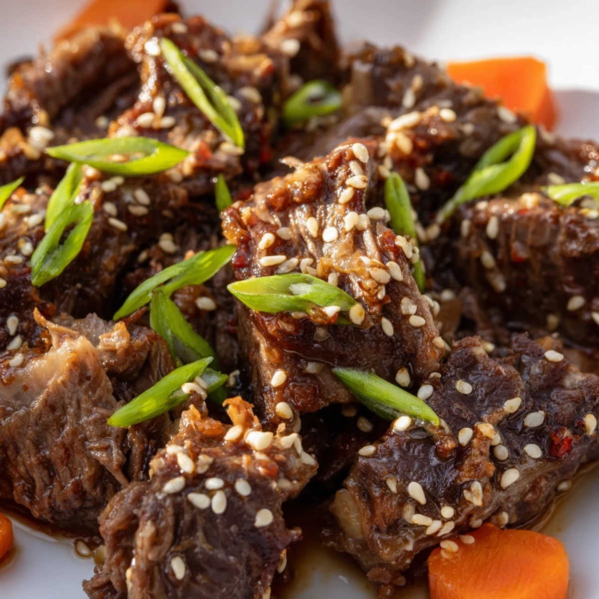 Sliced Korean style pot roast plated alongside carrots and daikon in rich dark gravy