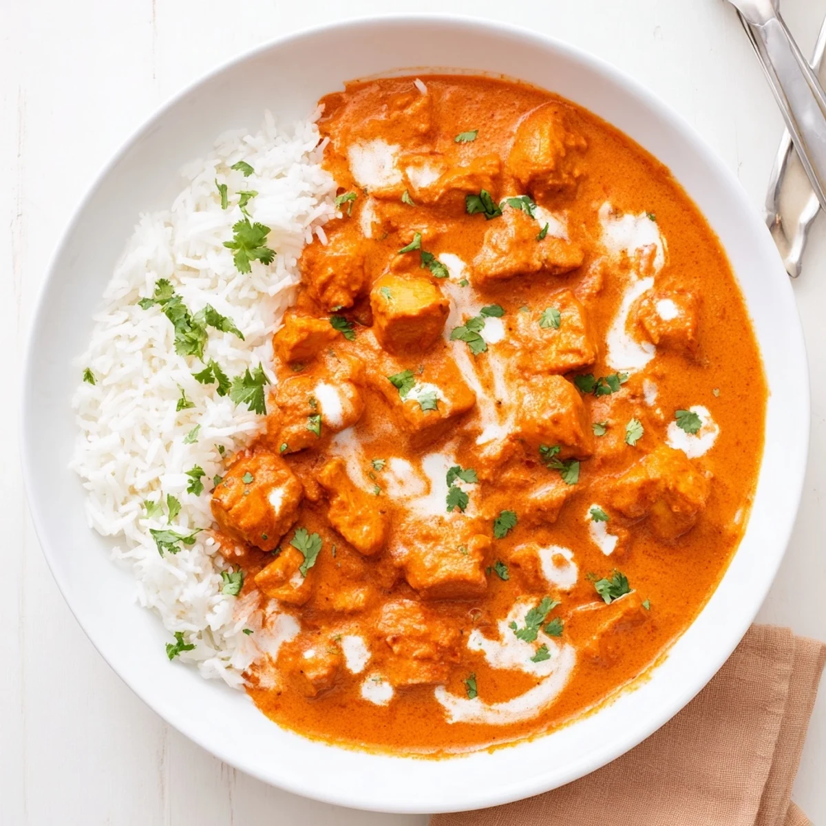 Creamy butter chicken simmered in rich tomato sauce garnished with fresh green cilantro