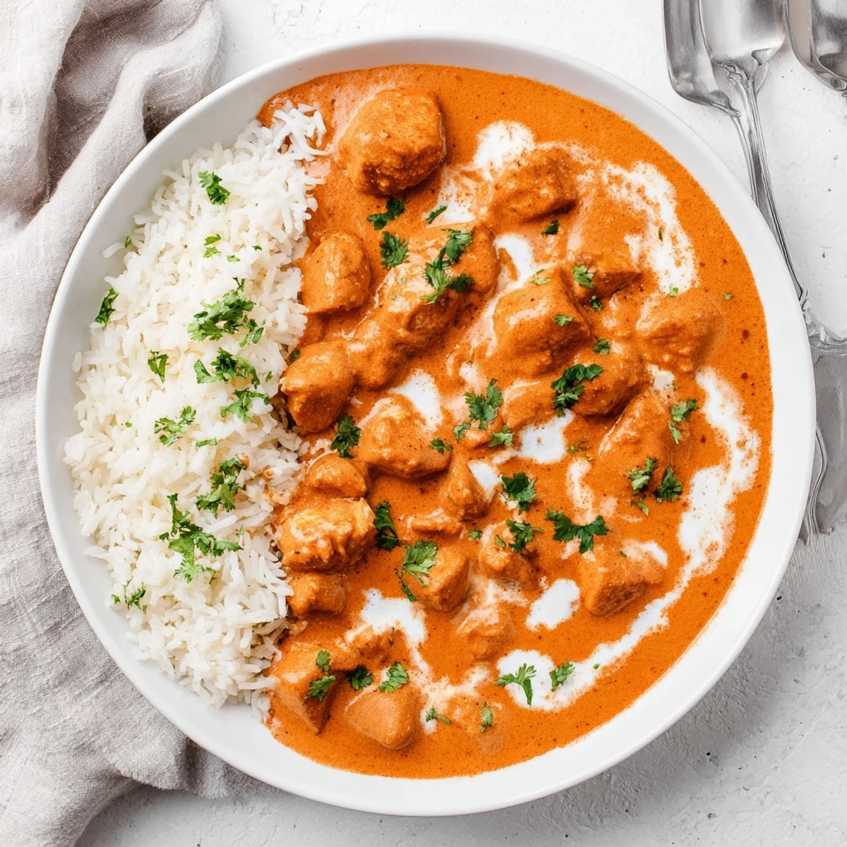 Tender pieces of spiced butter chicken swimming in golden orange creamy sauce