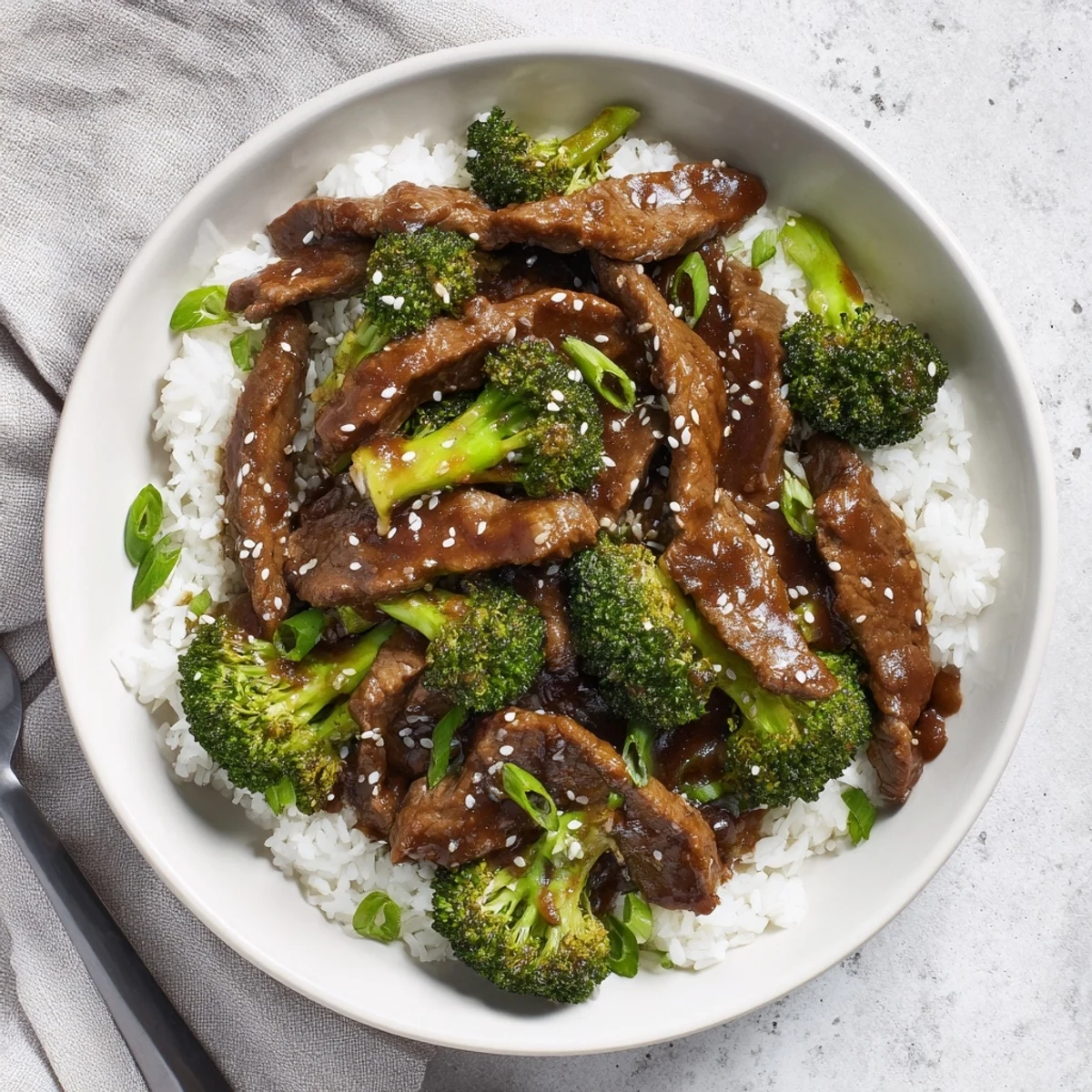 Crock pot beef strips with crisp broccoli florets in savory garlic soy sauce