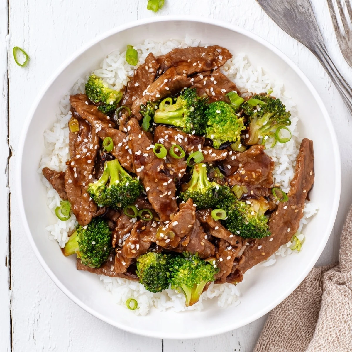 Slow cooker tender beef and broccoli served over white rice with green onion garnish