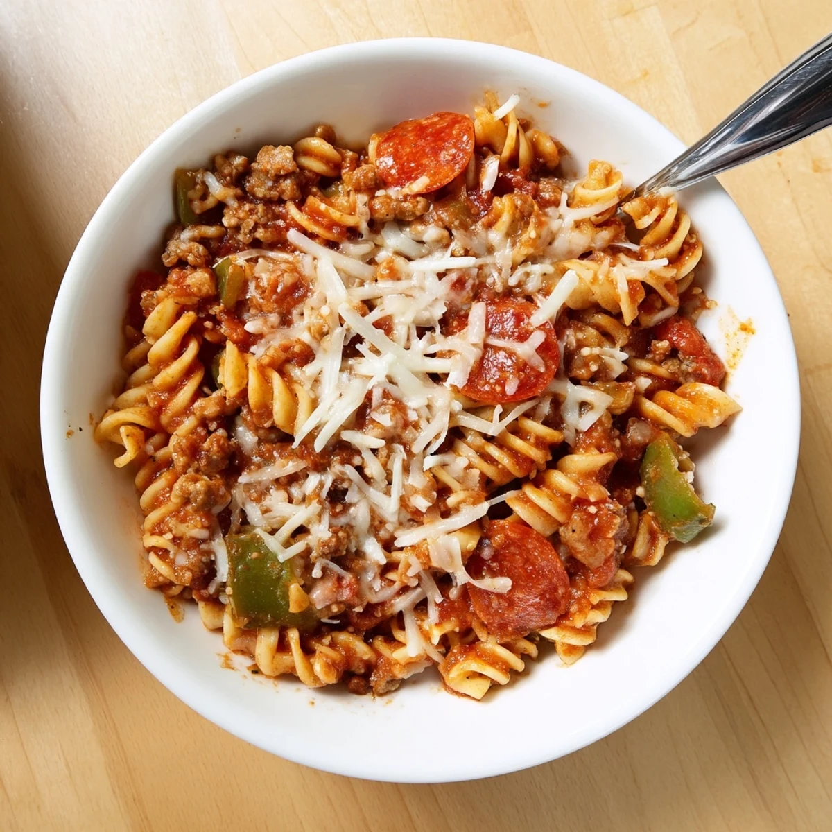 Creamy Crockpot Pizza Pasta bubbling with melted mozzarella and pepperoni slices in slow cooker