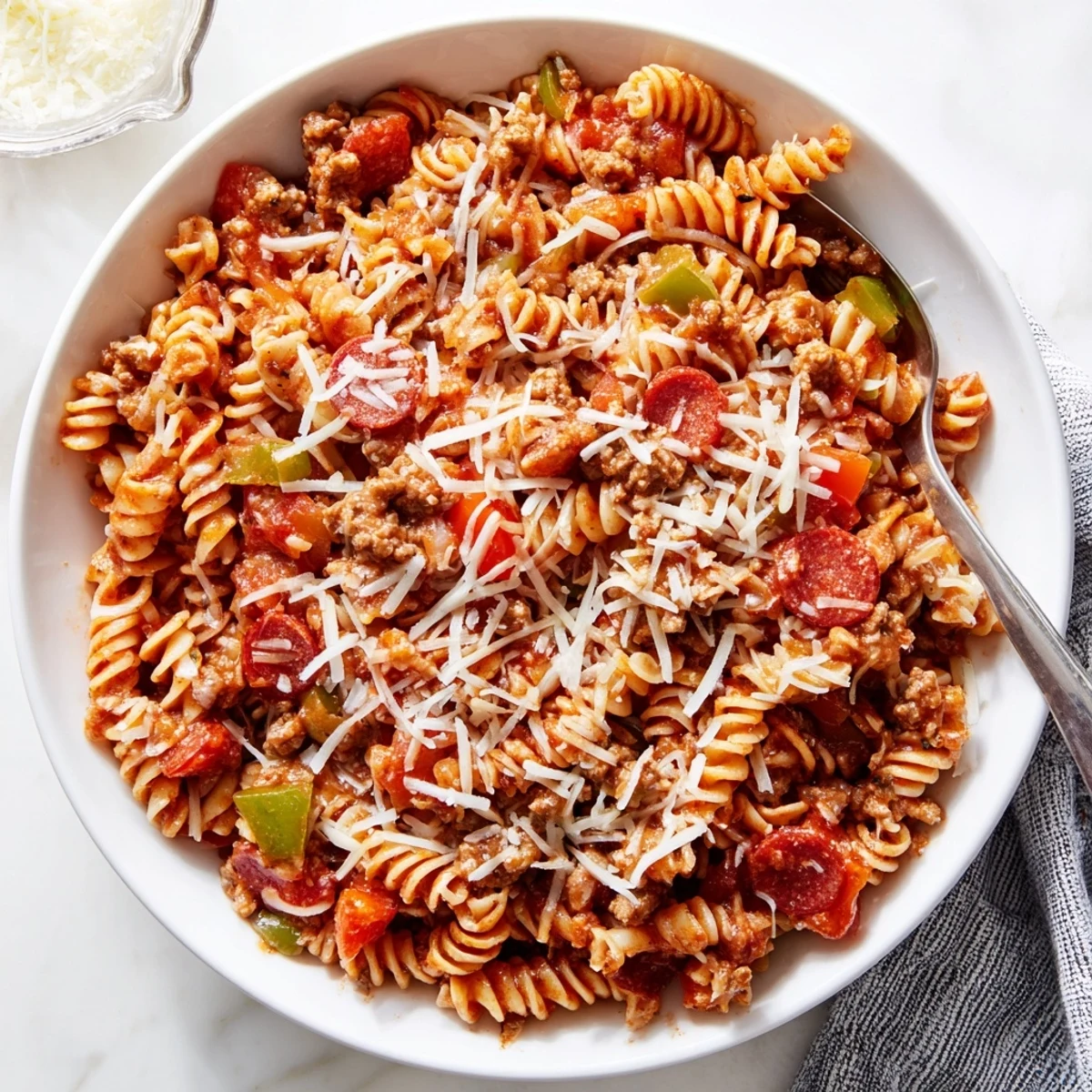 Hearty slow cooker pizza pasta dish topped with golden cheese and savory Italian sausage