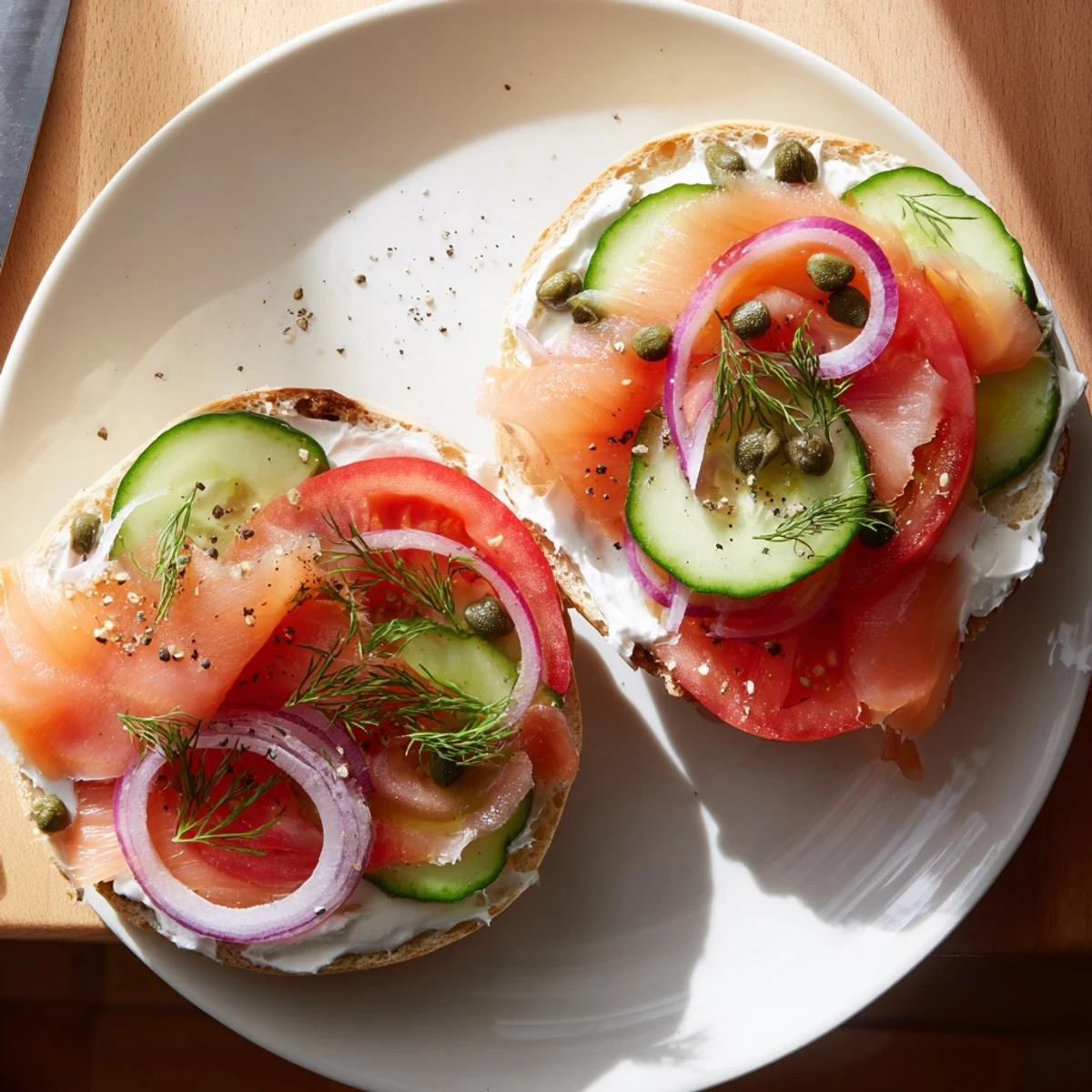 Toasted bagel sandwich layered with smoked salmon and creamy cheese topped with crisp vegetables