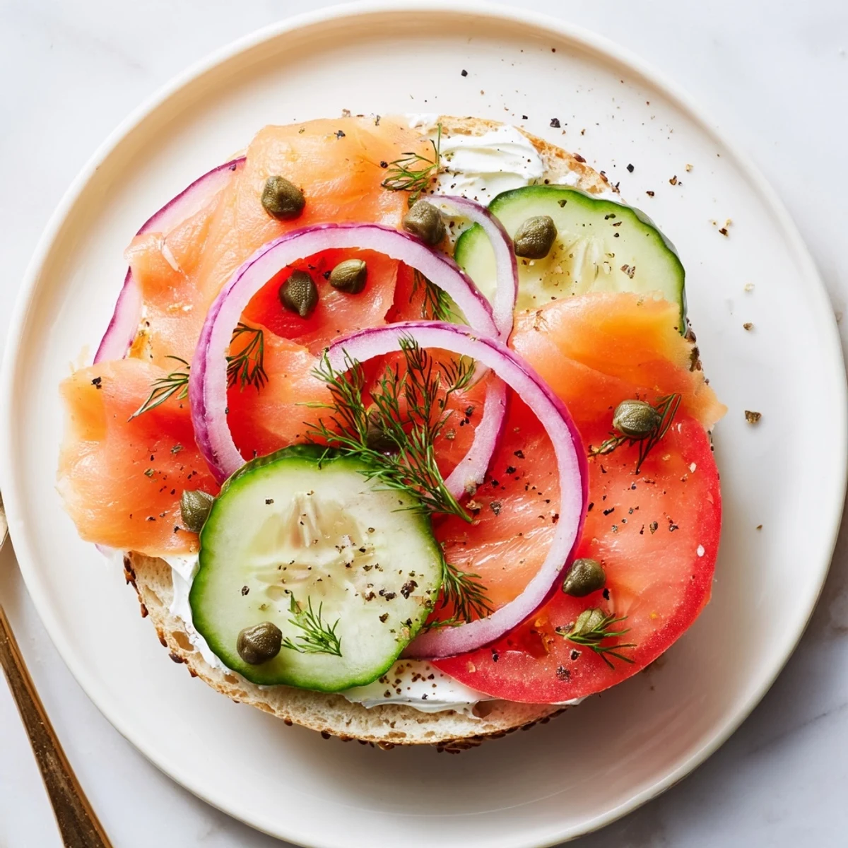 Classic smoked salmon bagel sandwich featuring red onion tomato slices and fresh herbs