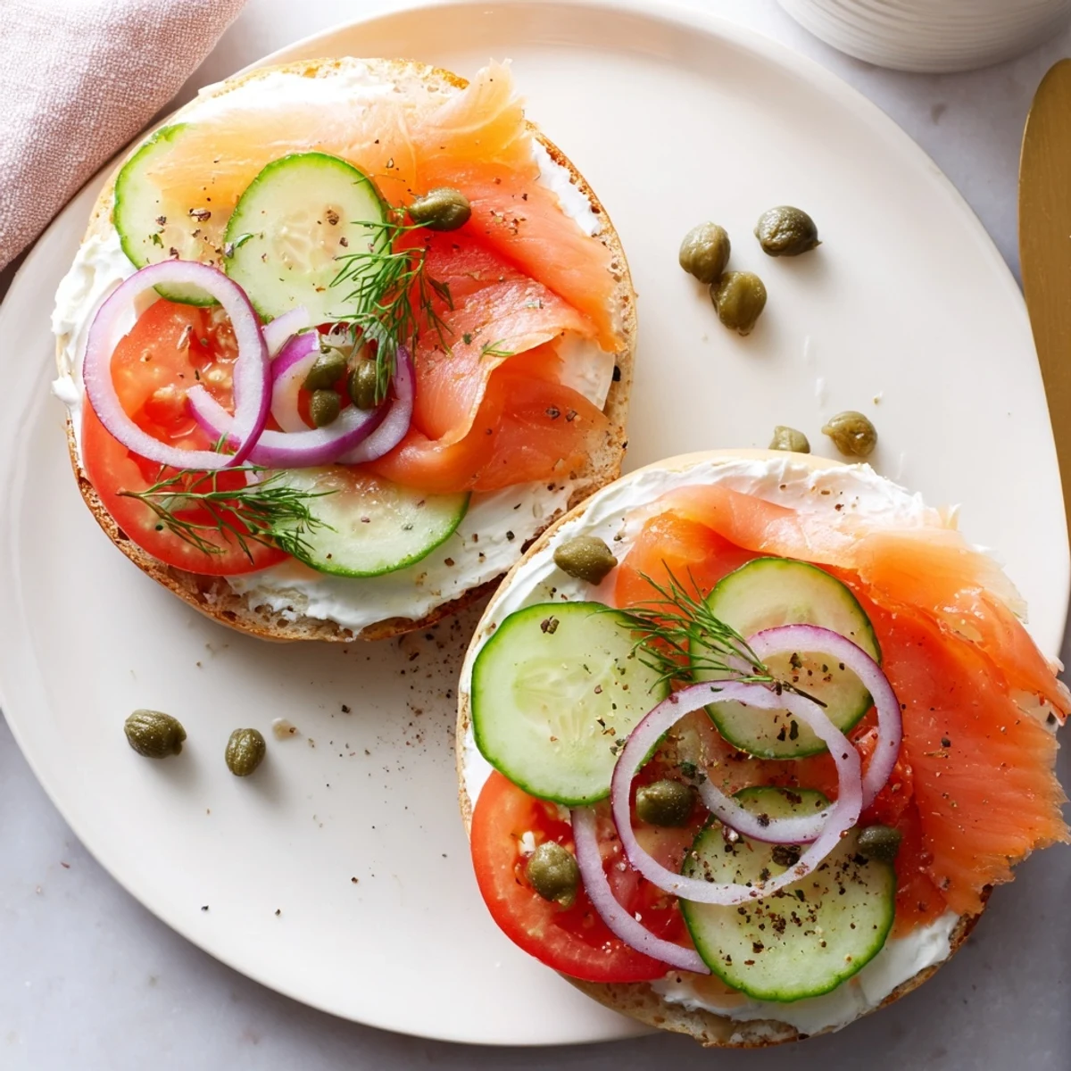 Open-faced smoked salmon bagel with cream cheese, fresh dill, and tangy capers on golden bread