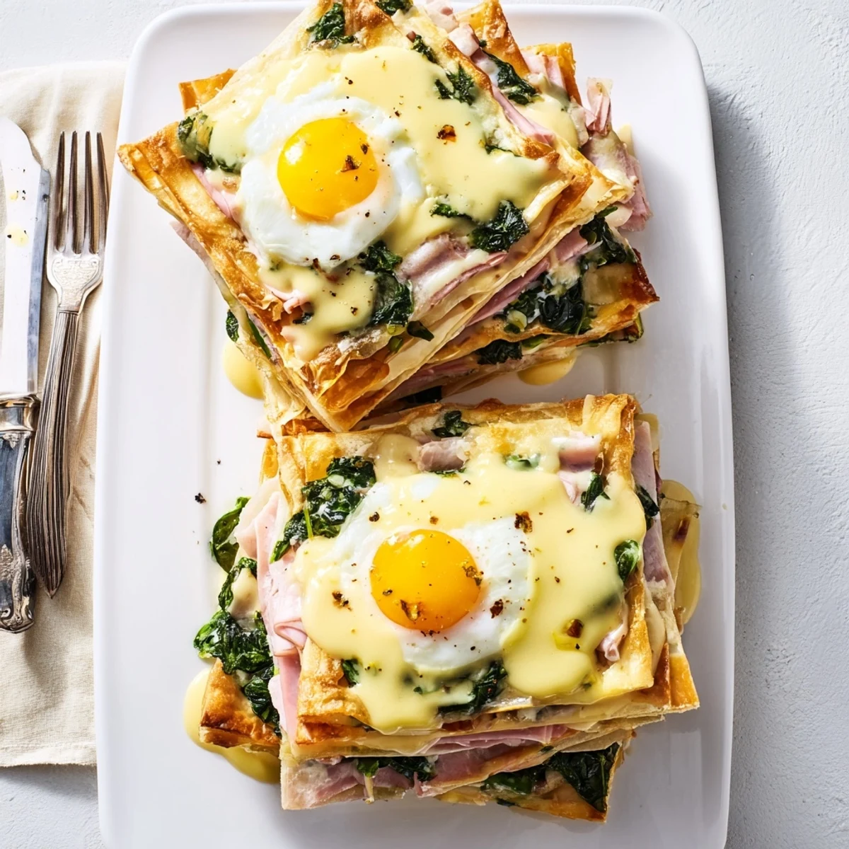 Golden baked eggs Napoleon with flaky puff pastry layers and rich hollandaise sauce drizzled over the top
