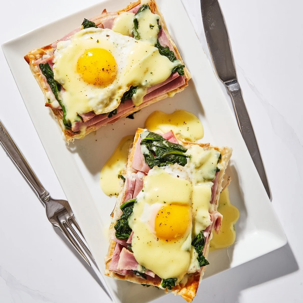 Flaky puff pastry stacks topped with perfectly baked eggs, creamy spinach, and golden hollandaise sauce on a white plate