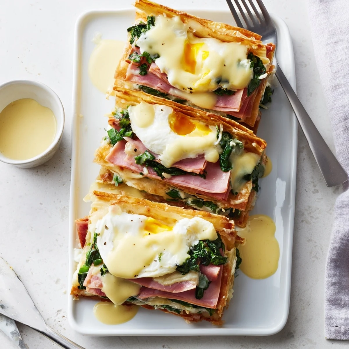 Elegant baked eggs Napoleon featuring crisp pastry layers, smoked ham, and velvety hollandaise sauce for a sophisticated brunch presentation