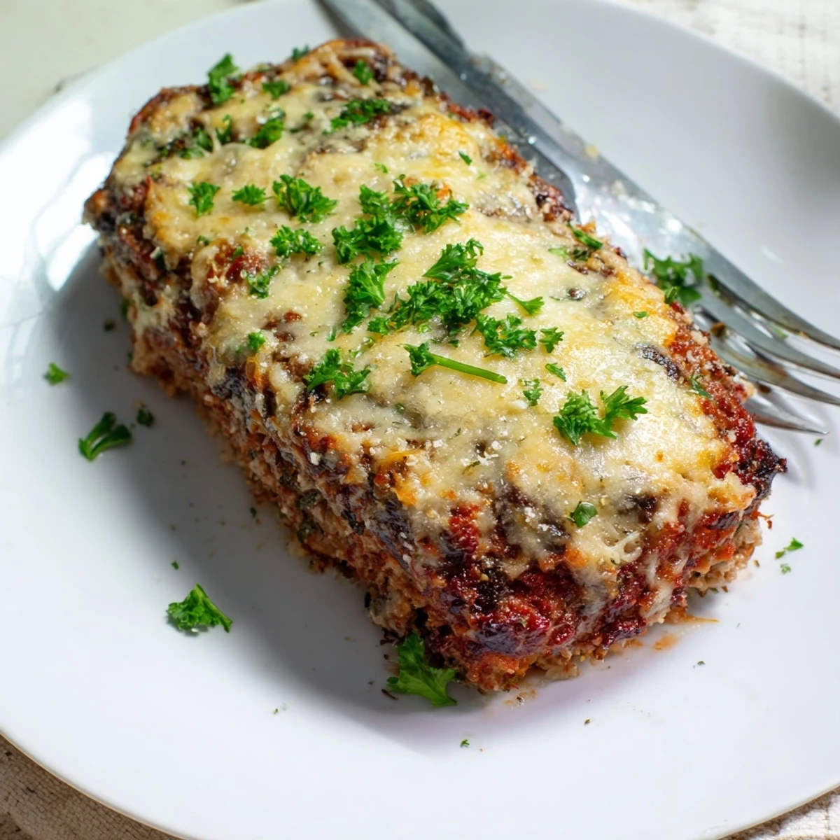 Golden brown garlic Parmesan chicken meatloaf sliced on a wooden cutting board with fresh parsley garnish