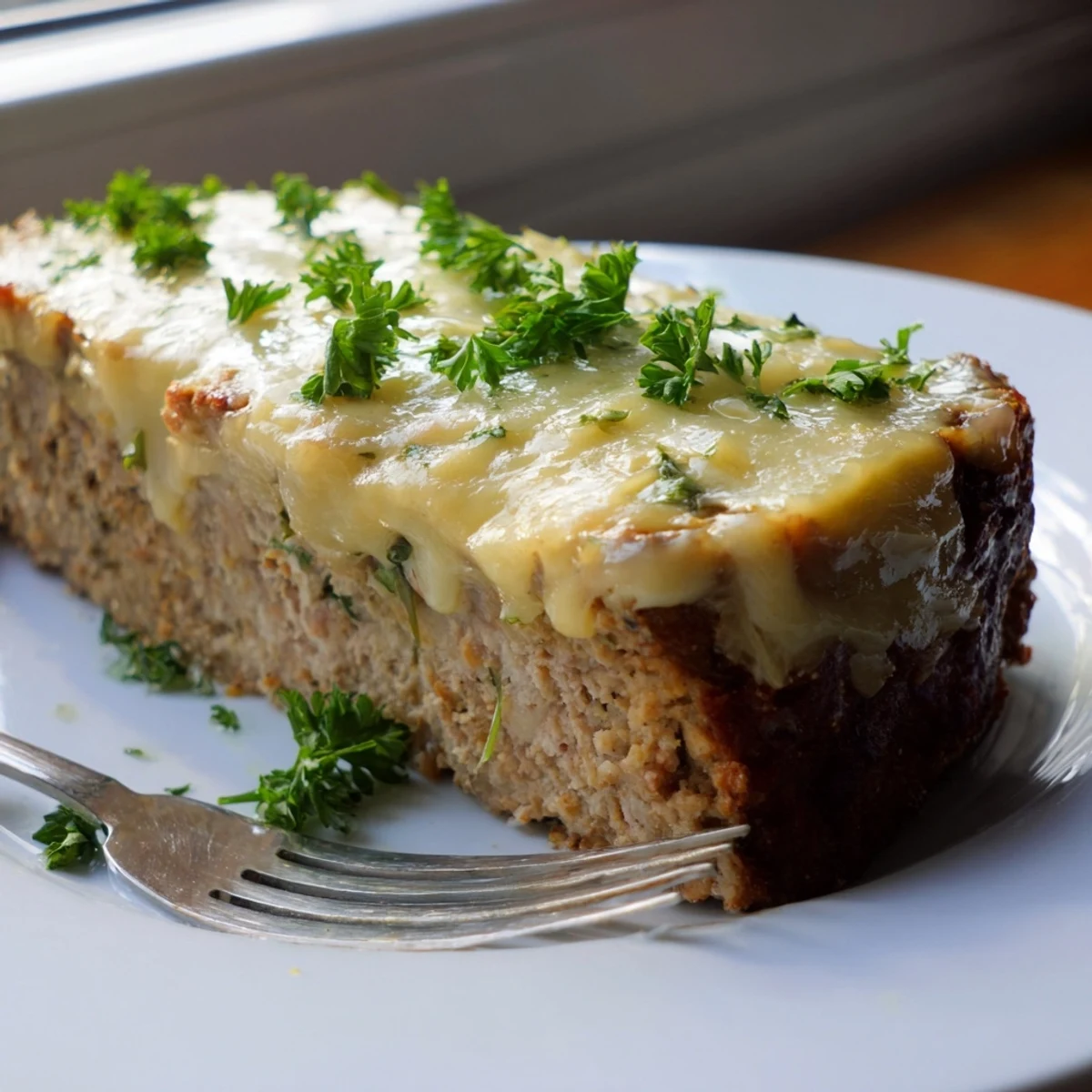Homemade garlic Parmesan chicken meatloaf with savory cheesy topping served alongside creamy mashed potatoes